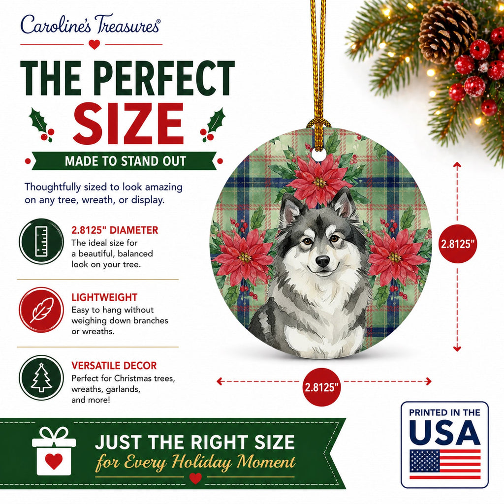 Keeshond Christmas PoinsettIas Ceramic Ornament Christmas Tree Hanging Decorations for Home Christmas Holiday, Party, Gift, 3 in, Multicolor