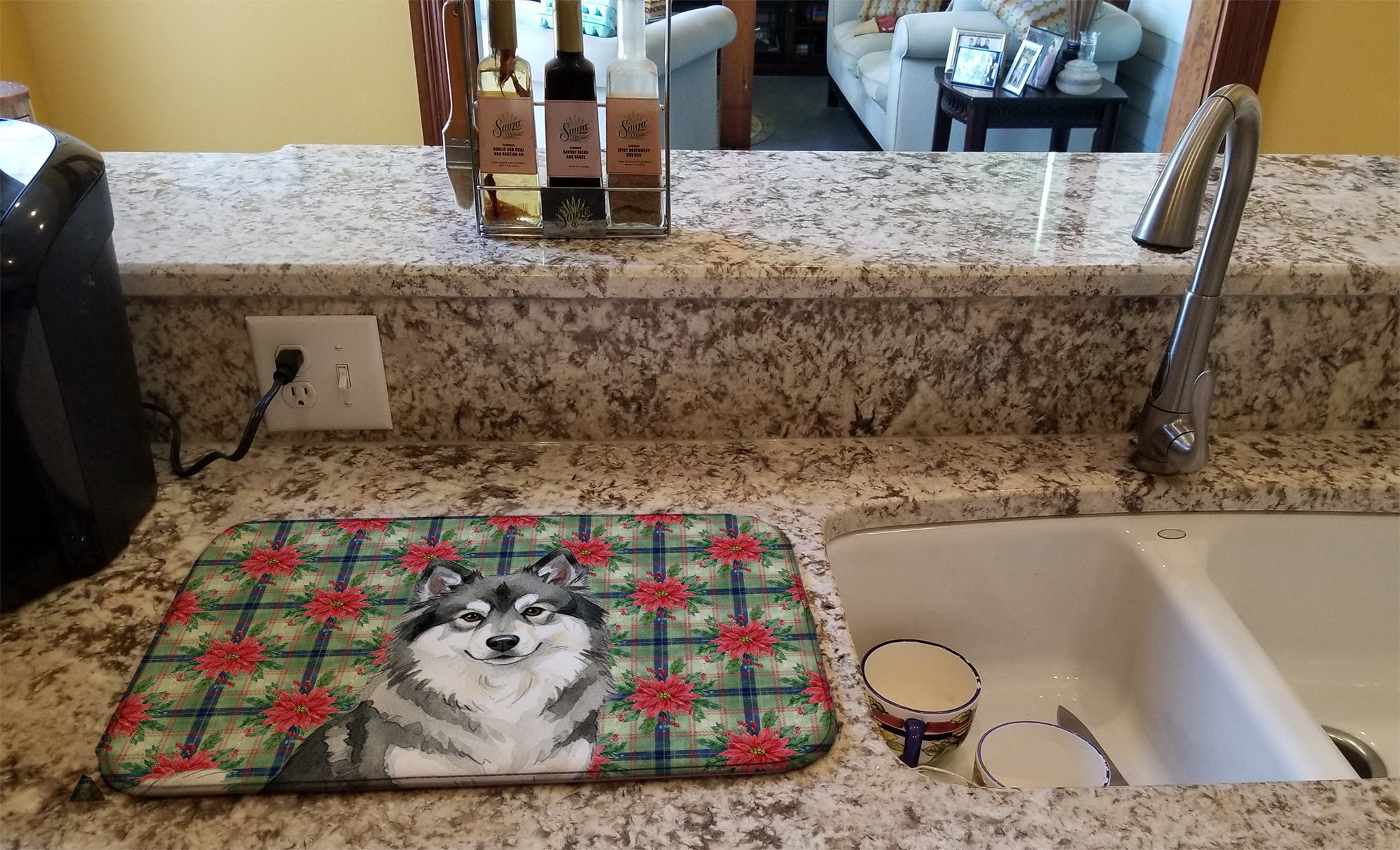 Keeshond Christmas PoinsettIas Dish Drying Mat Absorbent Dish Drying Mat Pad for Kitchen Counter Dish Drainer Mat for Countertop, 14 x 21", Multicolor