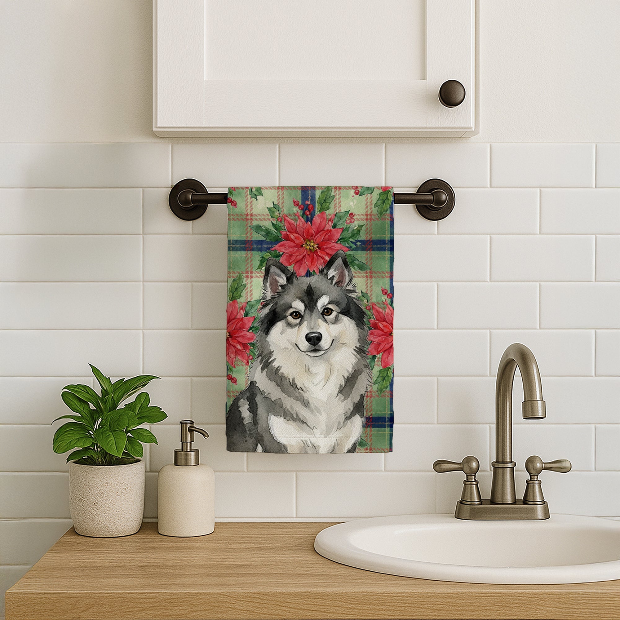 Keeshond Christmas PoinsettIas Kitchen Towel Velour Plush Front and Cotton Loop Back Machine Washable