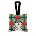 Keeshond Christmas PoinsettIas Hanging Square Fabric Ornament 3.5 � 3.5 Decorative Door-Knob & Tree Hanger, Soft Fabric
