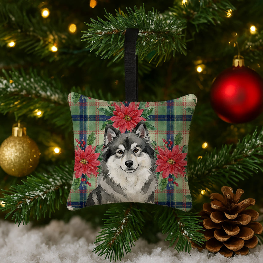 Keeshond Christmas PoinsettIas Hanging Square Fabric Ornament 3.5 � 3.5 Decorative Door-Knob & Tree Hanger, Soft Fabric