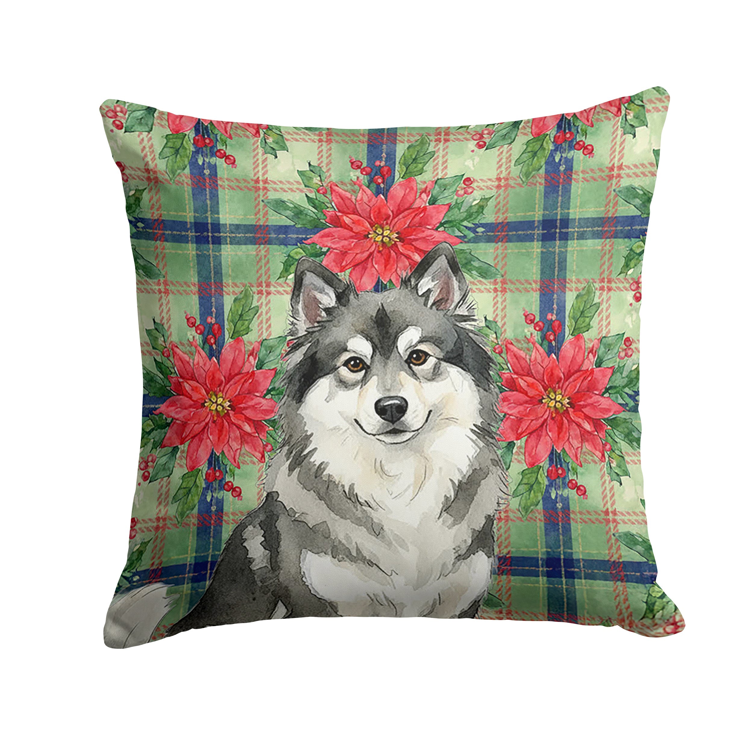 Keeshond Christmas PoinsettIas Decorative Throw Pillow 14x14 Indoor Outdoor Accent Cushion, Fabric Cover with Insert for Sofa, Bed, Porch & Living Room
