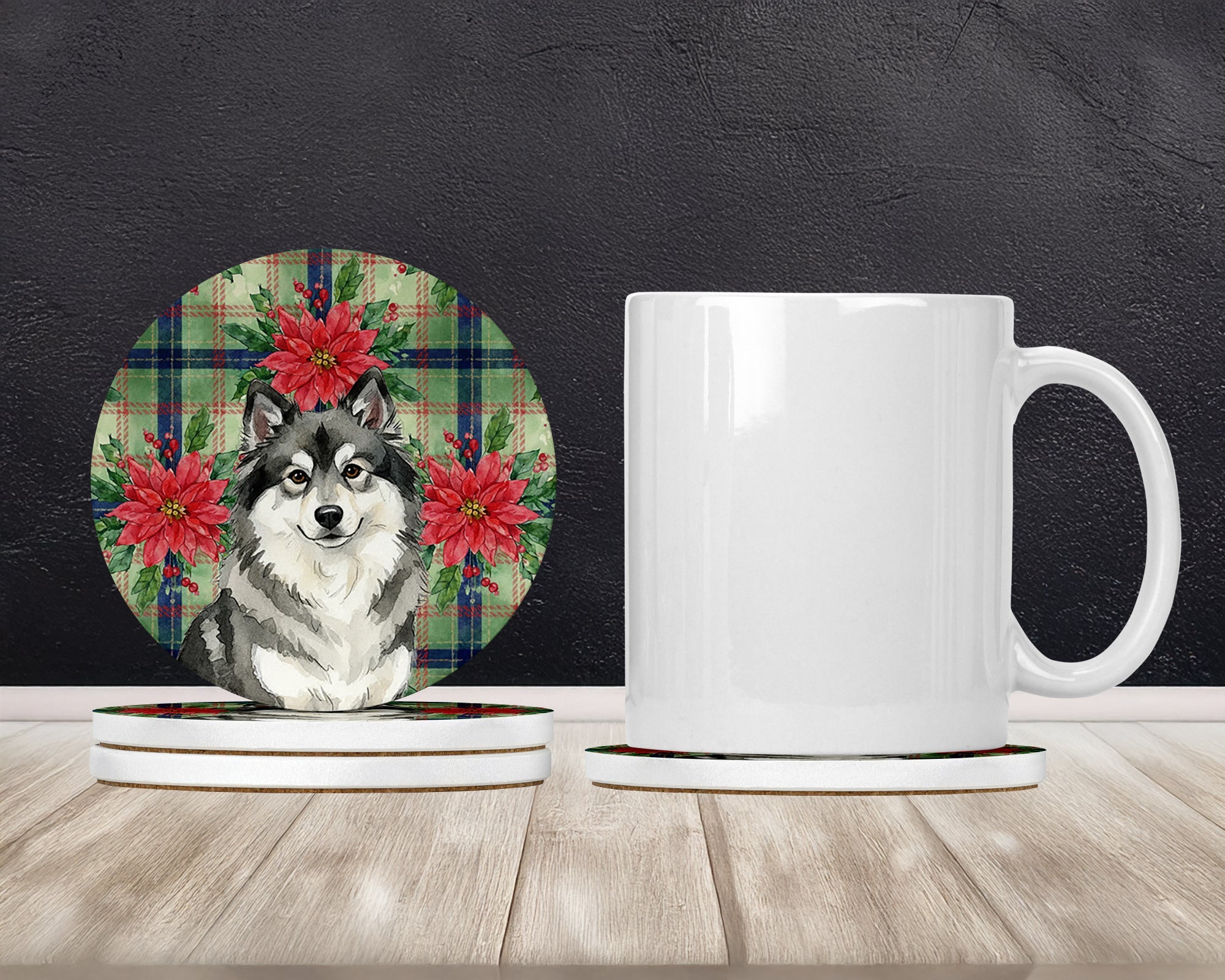 Keeshond Christmas PoinsettIas Large Sandstone Coasters Pack of 4 Absorbent Round Coasters Decor Gifts for Men or Women, 4 in, Multicolor
