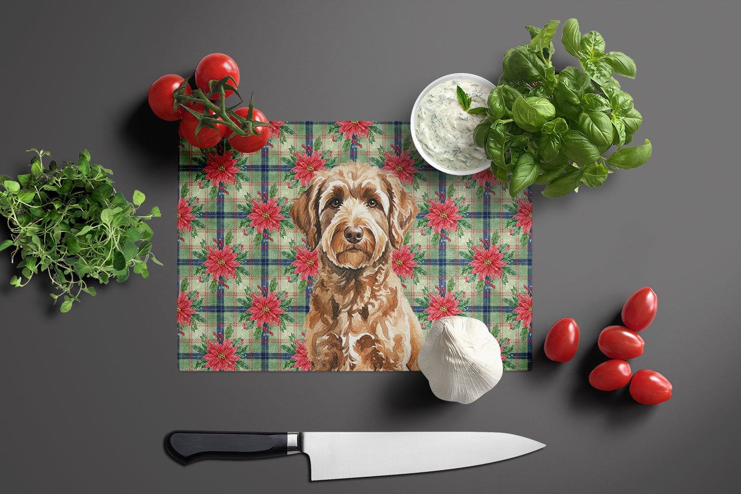 Chocolate Labradoodle Christmas PoinsettIas Cutting Board Tempered Glass Kitchen Cutting Surface, Heat Resistant Chopping, Non-Slip Feet, Food Prep & Serving