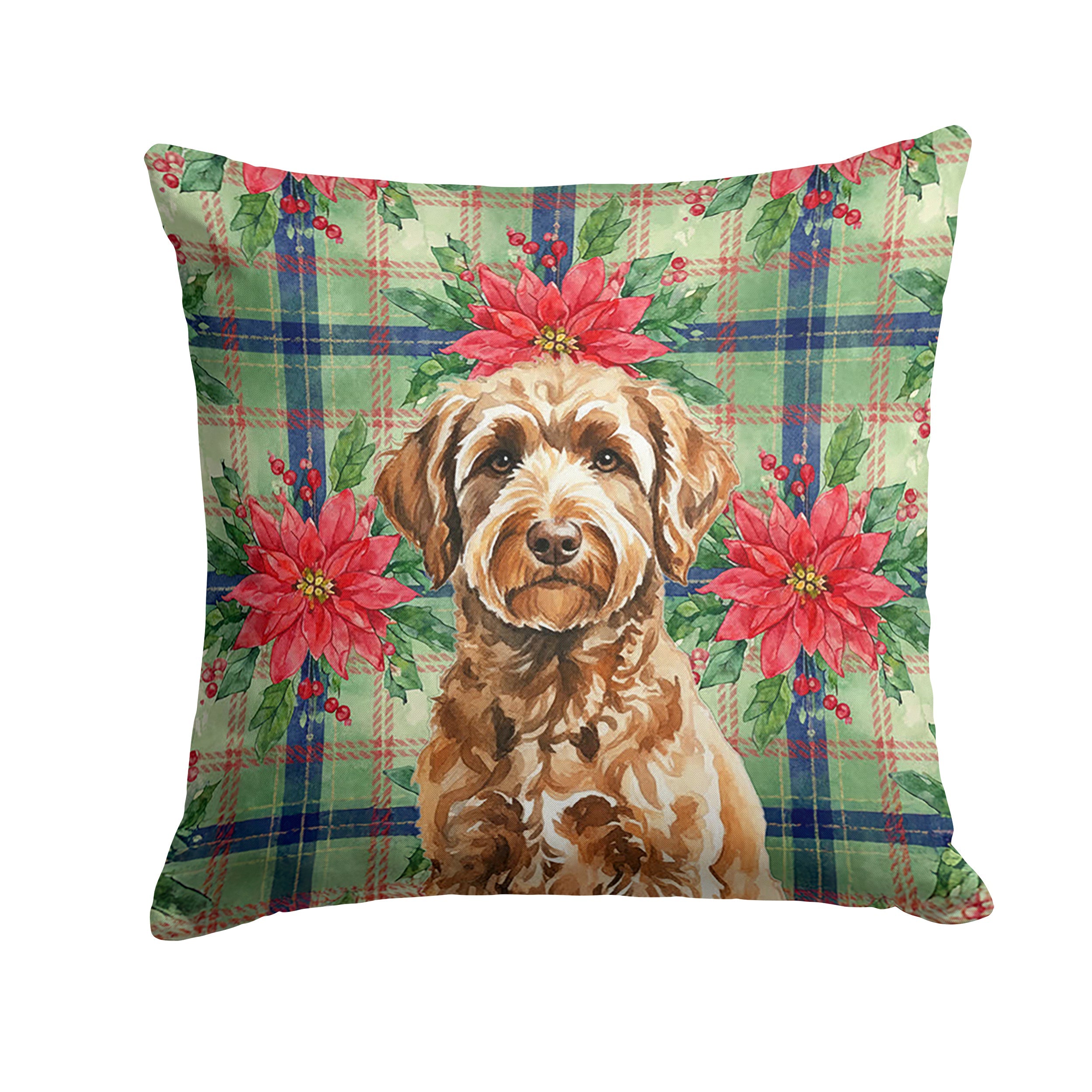 Chocolate Labradoodle Christmas PoinsettIas Decorative Throw Pillow 18x18 Indoor Outdoor Accent Cushion, Fabric Cover with Insert for Sofa, Bed, Porch & Living Room
