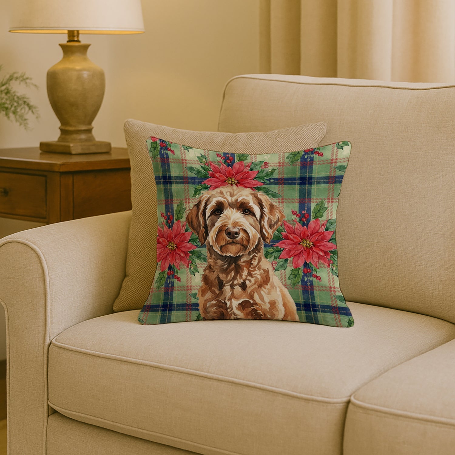 Chocolate Labradoodle Christmas PoinsettIas Decorative Throw Pillow 18x18 Indoor Outdoor Accent Cushion, Fabric Cover with Insert for Sofa, Bed, Porch & Living Room
