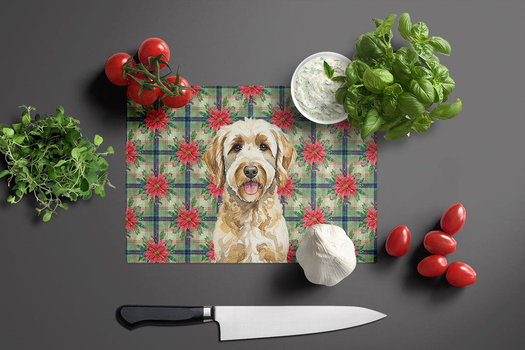 Labradoodle Christmas PoinsettIas Cutting Board Tempered Glass Kitchen Cutting Surface, Heat Resistant Chopping, Non-Slip Feet, Food Prep & Serving