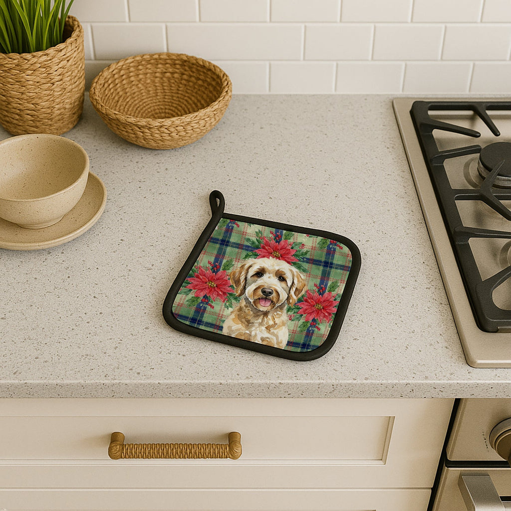 Labradoodle Christmas PoinsettIas Pot Holder Set of 2 Heat Resistant Quilted Hot Pads 7.5 x 7.5 Inch, Insulated Kitchen Trivets for Cooking & Baking