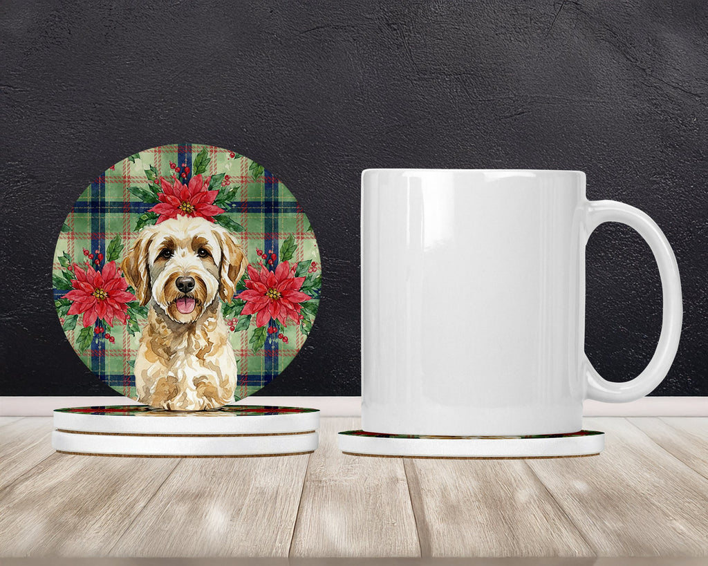 Labradoodle Christmas PoinsettIas Large Sandstone Coasters Pack of 4 Absorbent Round Coasters Decor Gifts for Men or Women, 4 in, Multicolor