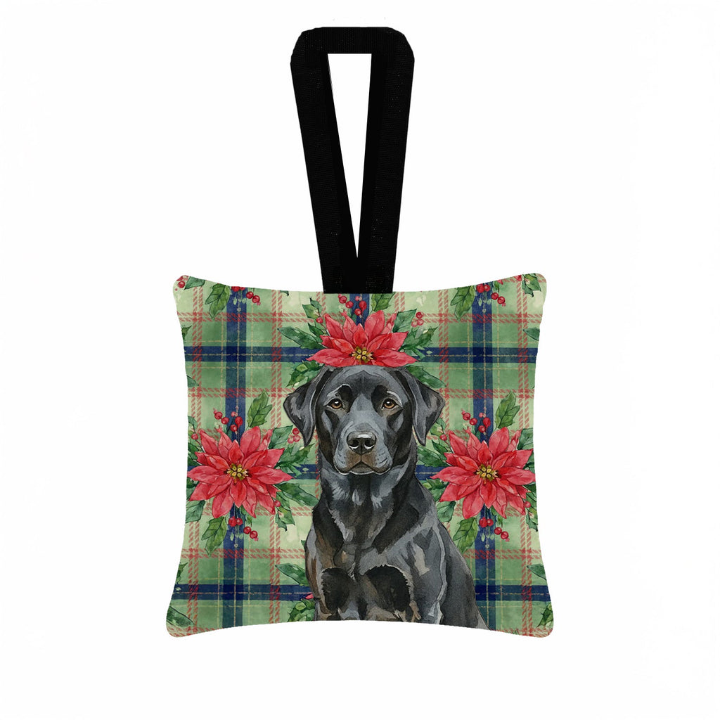 Black Labrador Retriever Christmas PoinsettIas Hanging Square Fabric Ornament 3.5 � 3.5 Decorative Door-Knob & Tree Hanger, Soft Fabric
