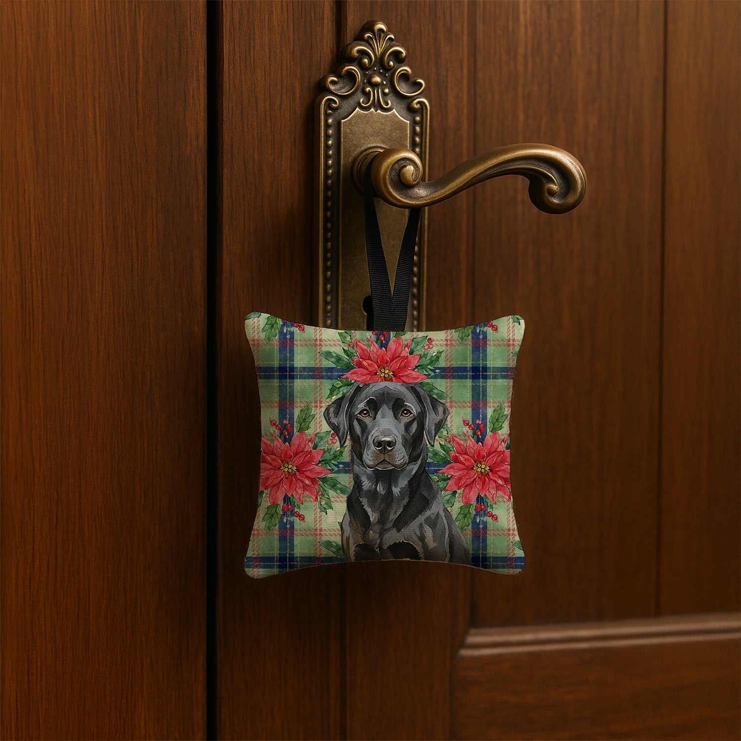 Black Labrador Retriever Christmas PoinsettIas Hanging Square Fabric Ornament 3.5 � 3.5 Decorative Door-Knob & Tree Hanger, Soft Fabric