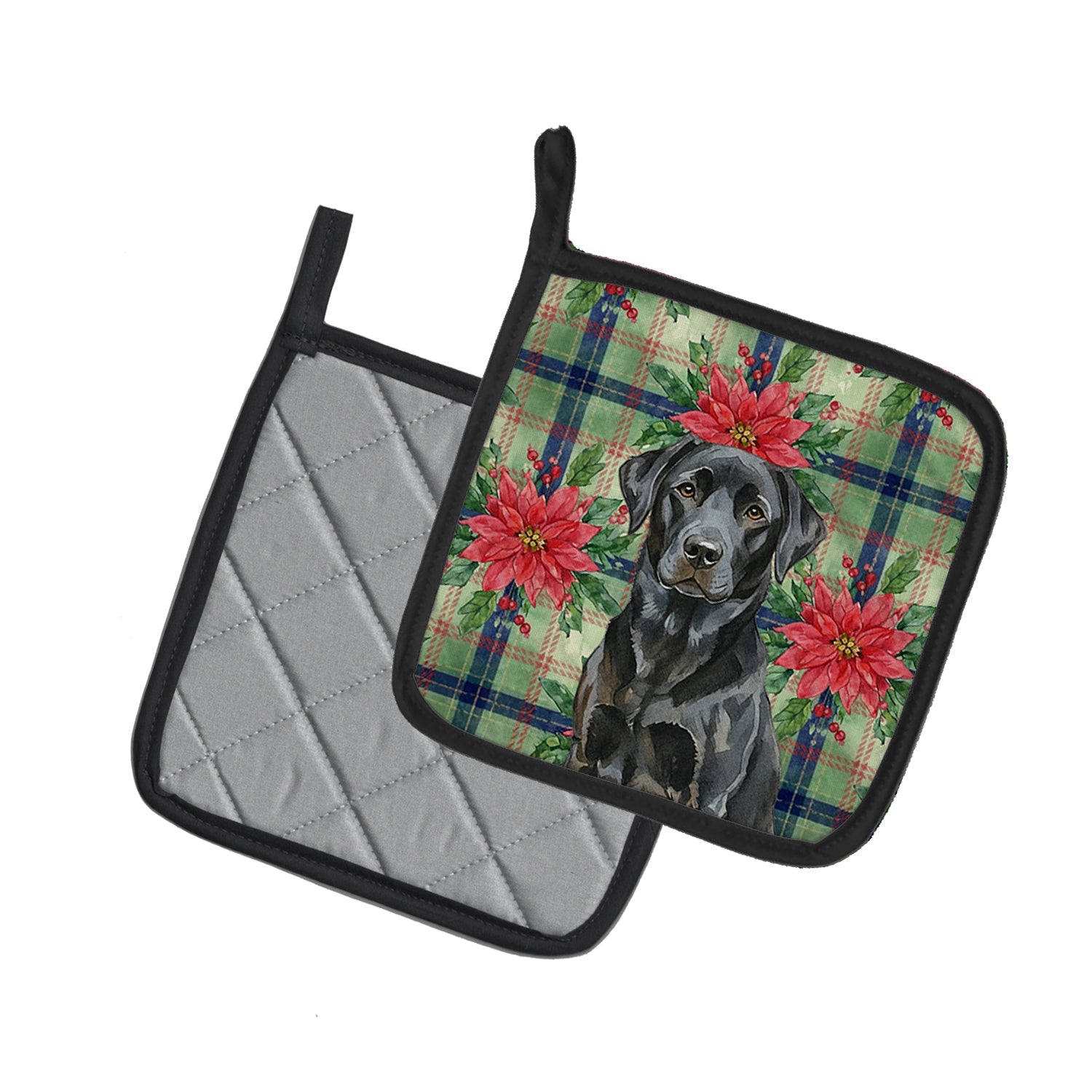Black Labrador Retriever Christmas PoinsettIas Pot Holder Set of 2 Heat Resistant Quilted Hot Pads 7.5 x 7.5 Inch, Insulated Kitchen Trivets for Cooking & Baking