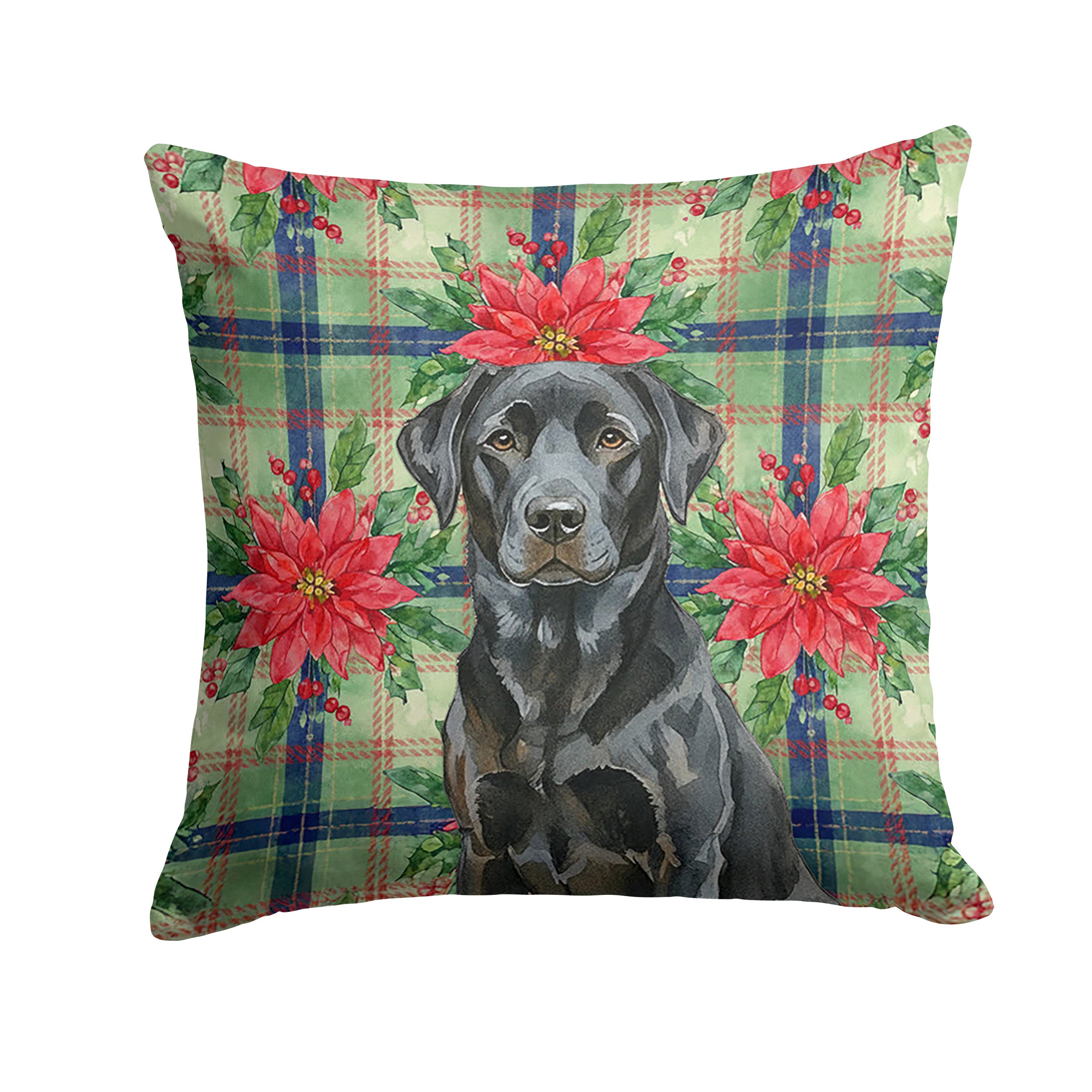 Black Labrador Retriever Christmas PoinsettIas Decorative Throw Pillow 14x14 Indoor Outdoor Accent Cushion, Fabric Cover with Insert for Sofa, Bed, Porch & Living Room