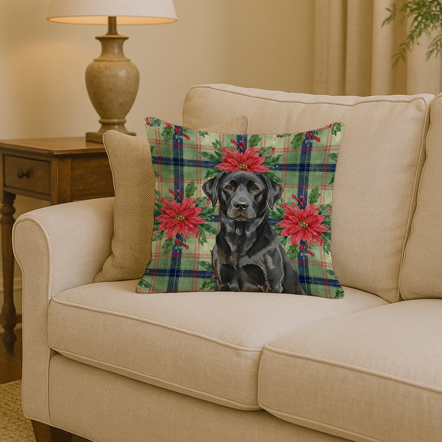 Black Labrador Retriever Christmas PoinsettIas Decorative Throw Pillow 14x14 Indoor Outdoor Accent Cushion, Fabric Cover with Insert for Sofa, Bed, Porch & Living Room