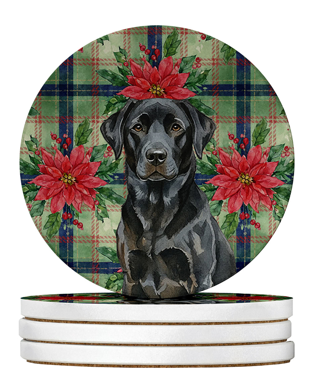 Black Labrador Retriever Christmas PoinsettIas Large Sandstone Coasters Pack of 4 Absorbent Round Coasters Decor Gifts for Men or Women, 4 in, Multicolor
