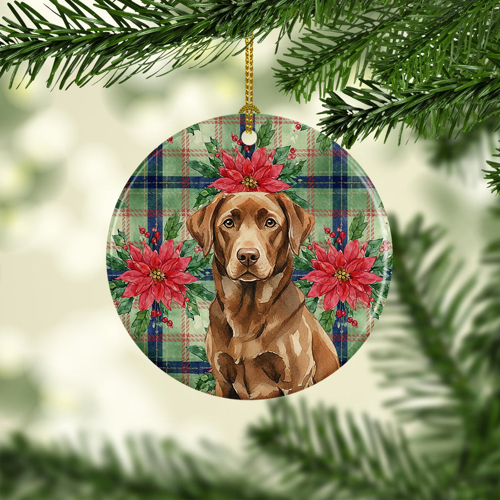 Chocolate Labrador Retriever Christmas PoinsettIas Ceramic Ornament Christmas Tree Hanging Decorations for Home Christmas Holiday, Party, Gift, 3 in, Multicolor