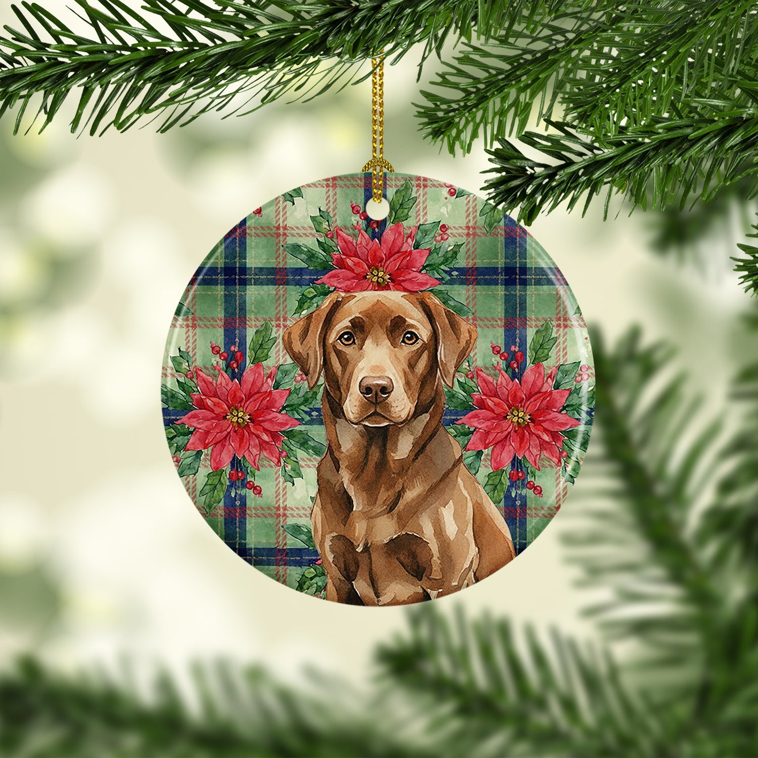 Chocolate Labrador Retriever Christmas PoinsettIas Ceramic Ornament Christmas Tree Hanging Decorations for Home Christmas Holiday, Party, Gift, 3 in, Multicolor
