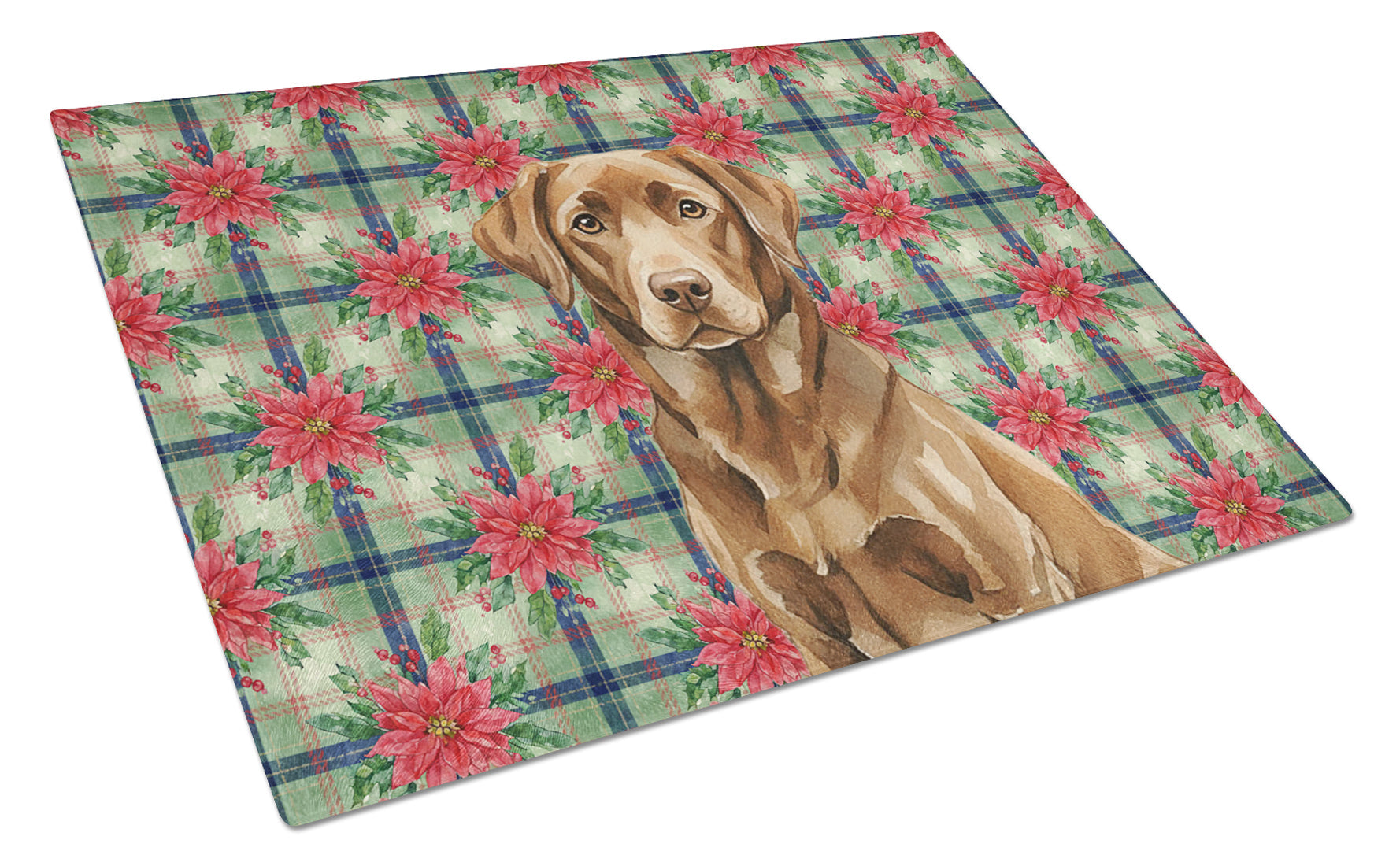 Chocolate Labrador Retriever Christmas PoinsettIas Cutting Board Tempered Glass Kitchen Cutting Surface, Heat Resistant Chopping, Non-Slip Feet, Food Prep & Serving
