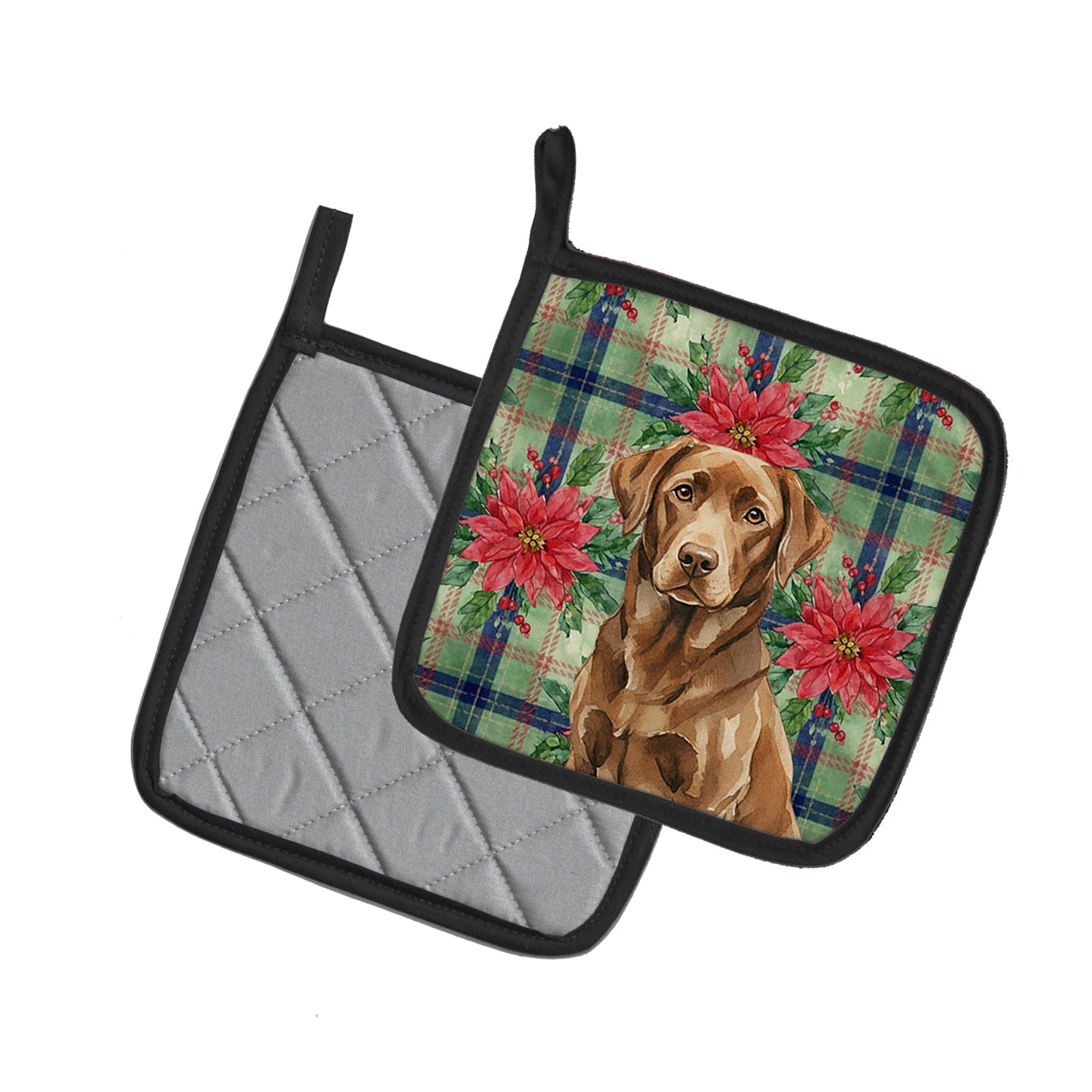 Chocolate Labrador Retriever Christmas PoinsettIas Pot Holder Set of 2 Heat Resistant Quilted Hot Pads 7.5 x 7.5 Inch, Insulated Kitchen Trivets for Cooking & Baking
