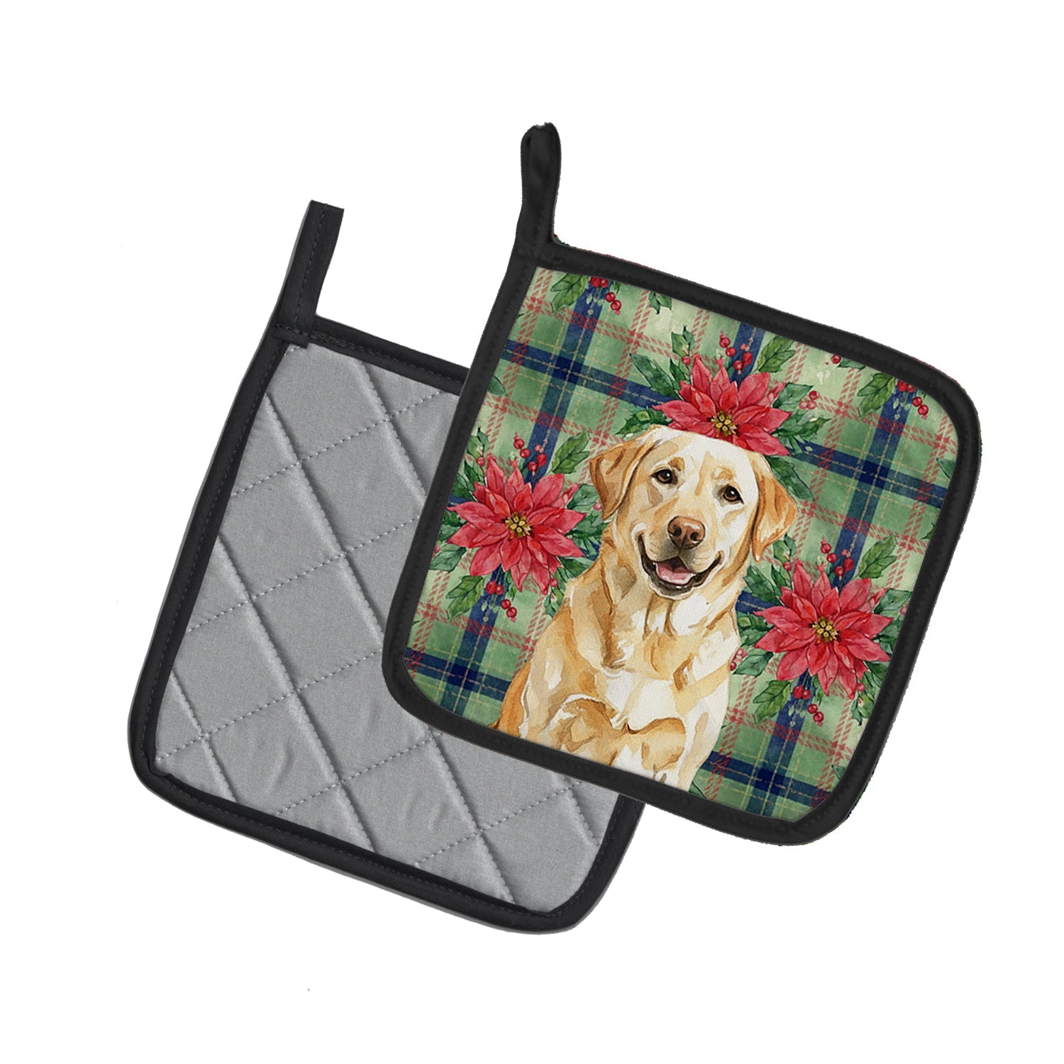 Yellow Labrador Retriever Christmas PoinsettIas Pot Holder Set of 2 Heat Resistant Quilted Hot Pads 7.5 x 7.5 Inch, Insulated Kitchen Trivets for Cooking & Baking
