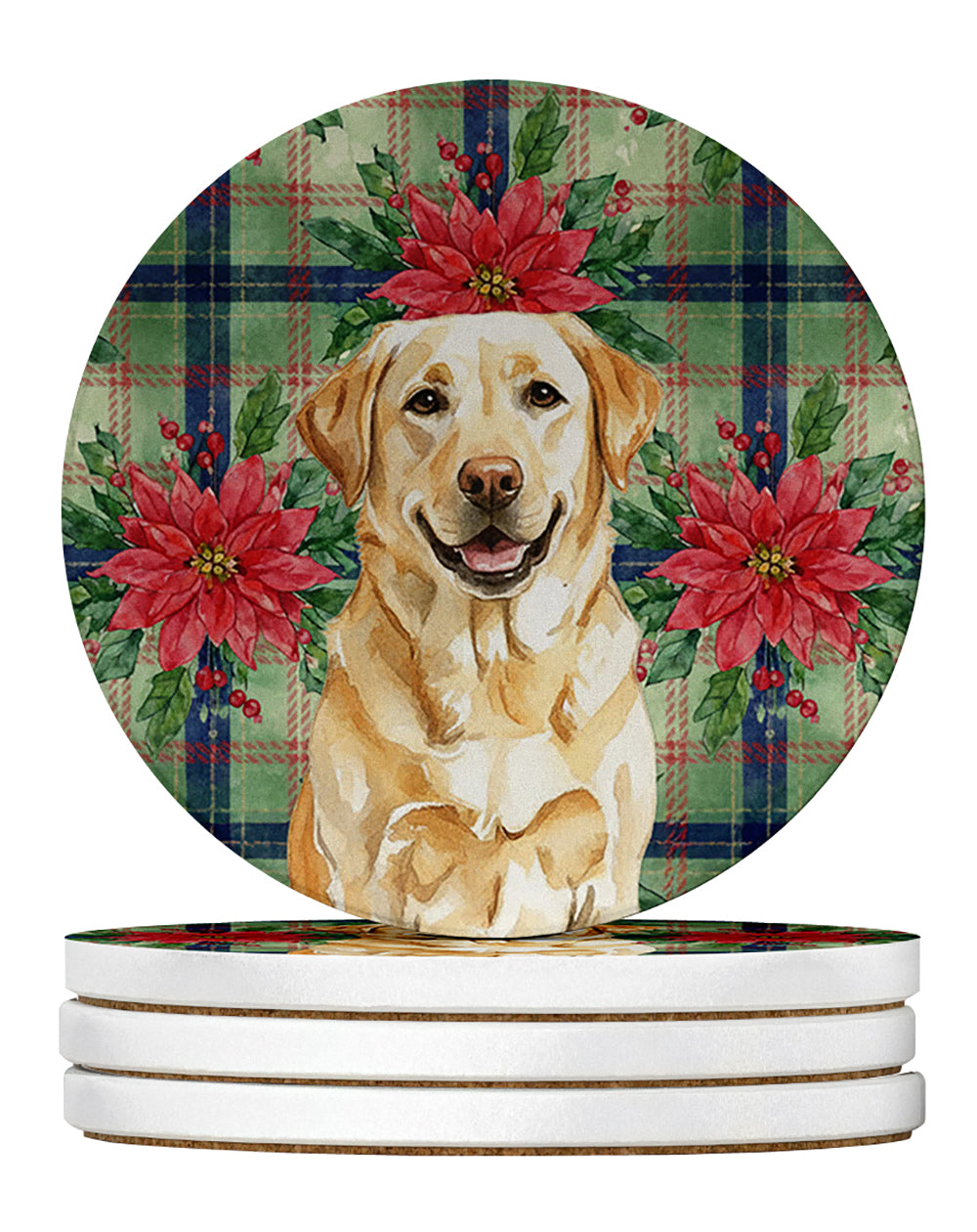 Yellow Labrador Retriever Christmas PoinsettIas Large Sandstone Coasters Pack of 4 Absorbent Round Coasters Decor Gifts for Men or Women, 4 in, Multicolor