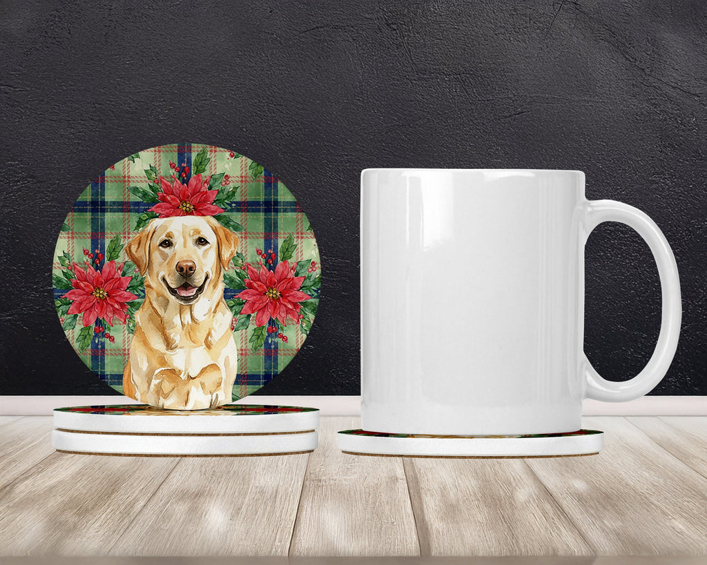 Yellow Labrador Retriever Christmas PoinsettIas Large Sandstone Coasters Pack of 4 Absorbent Round Coasters Decor Gifts for Men or Women, 4 in, Multicolor