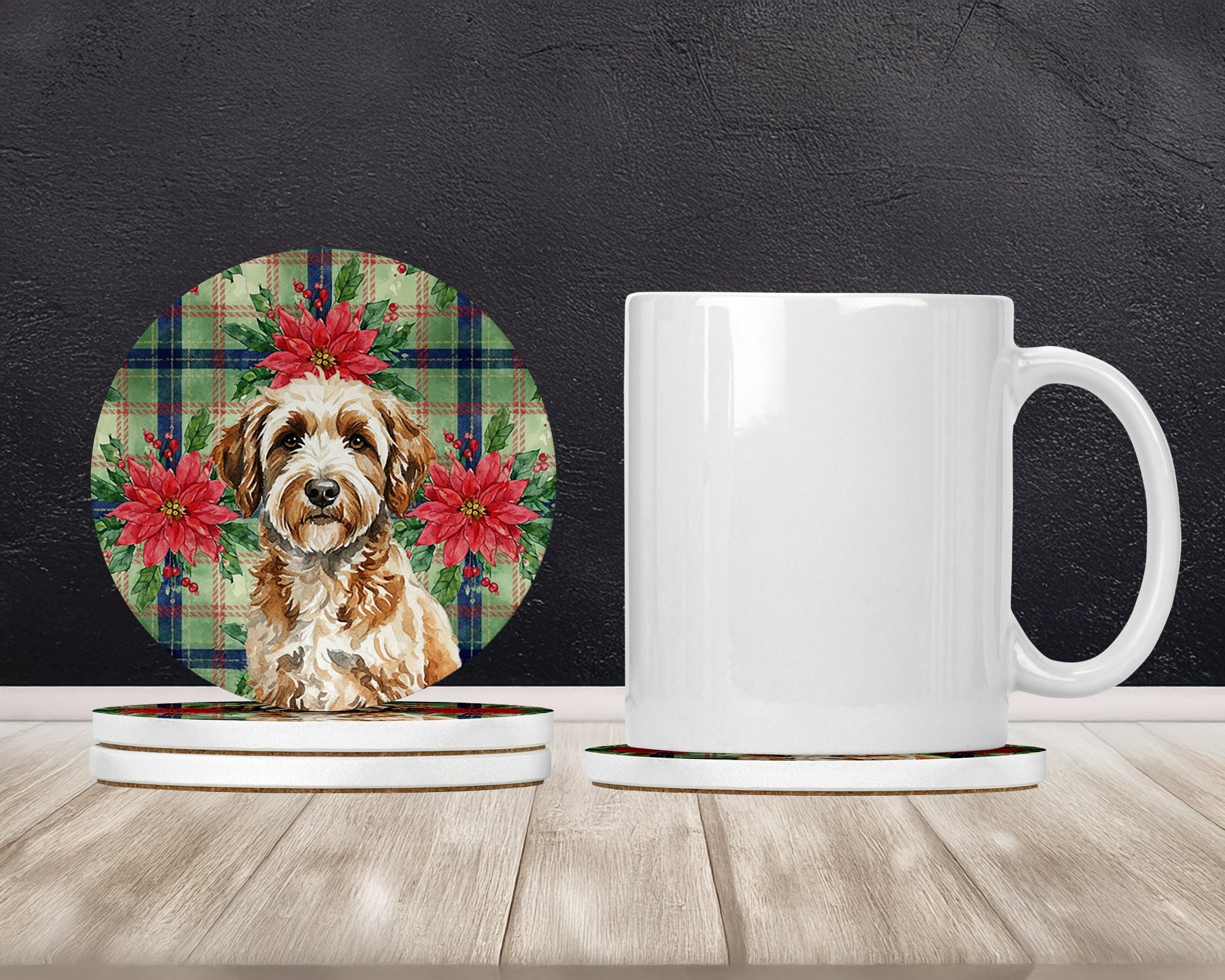 Lagotto Romagnolo Christmas PoinsettIas Large Sandstone Coasters Pack of 4 Absorbent Round Coasters Decor Gifts for Men or Women, 4 in, Multicolor