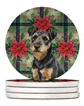 Black and Tan Lakeland Terrier Christmas PoinsettIas Large Sandstone Coasters Pack of 4 Absorbent Round Coasters Decor Gifts for Men or Women, 4 in, Multicolor