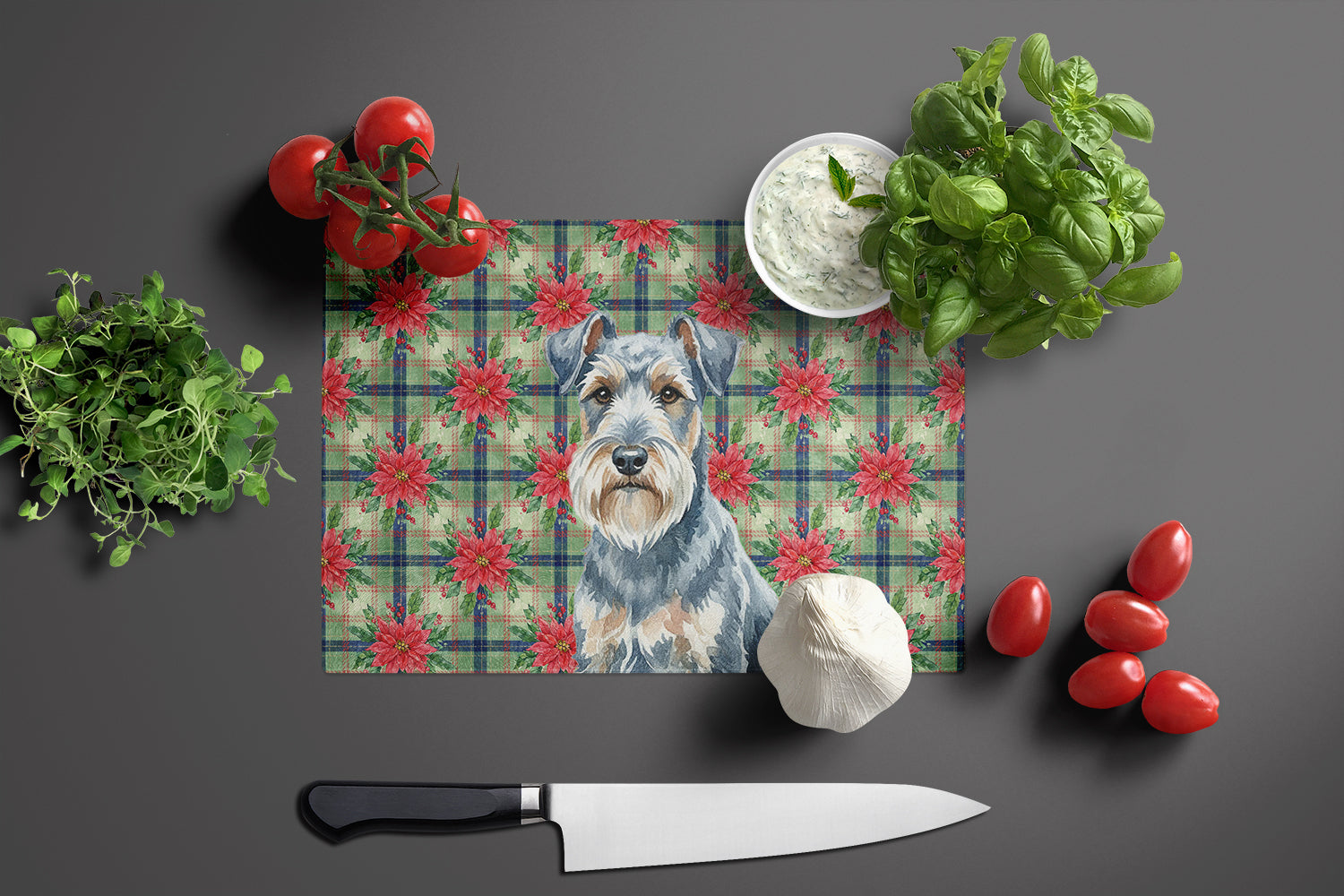 Blue Lakeland Terrier Christmas PoinsettIas Cutting Board Tempered Glass Kitchen Cutting Surface, Heat Resistant Chopping, Non-Slip Feet, Food Prep & Serving