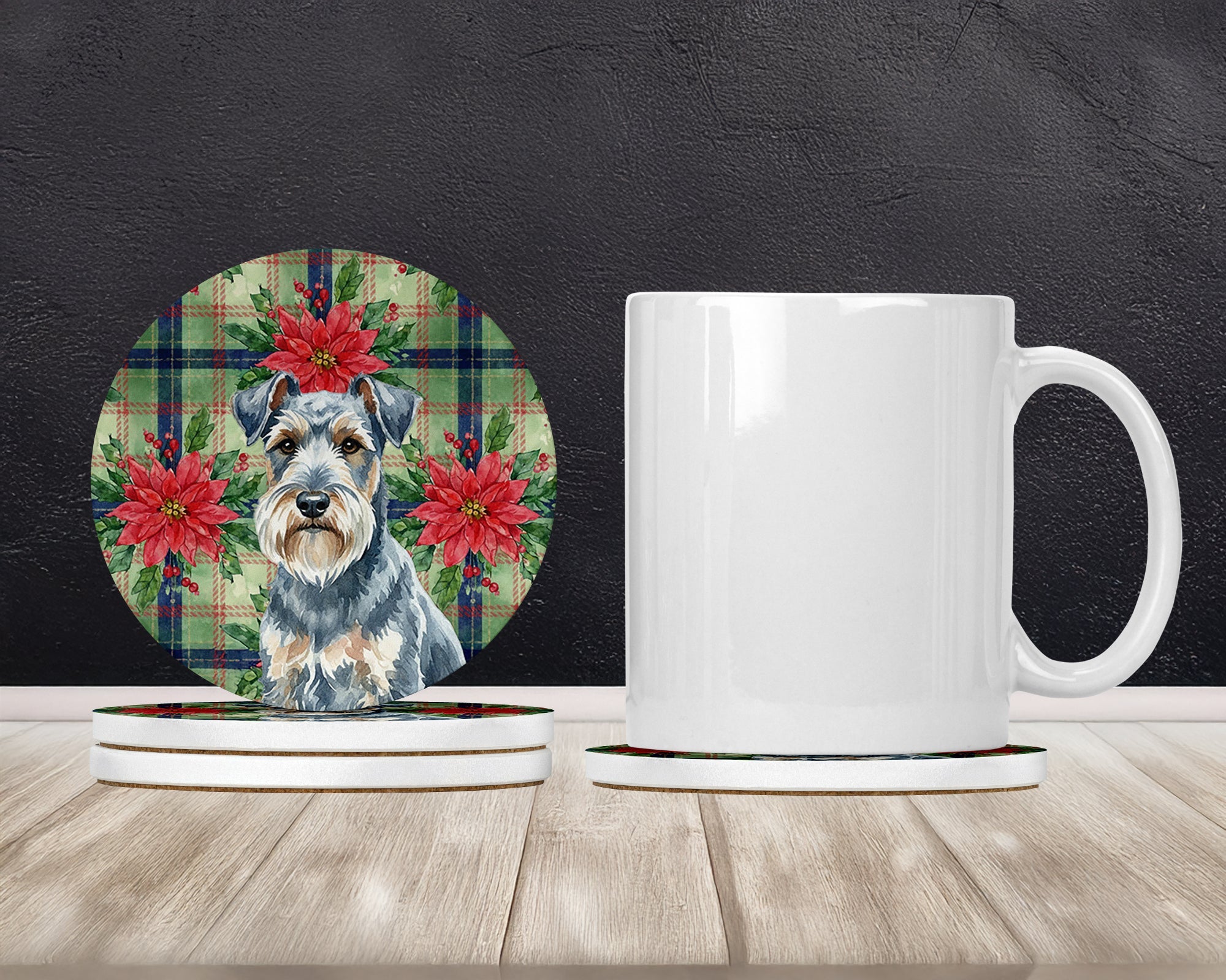 Blue Lakeland Terrier Christmas PoinsettIas Large Sandstone Coasters Pack of 4 Absorbent Round Coasters Decor Gifts for Men or Women, 4 in, Multicolor