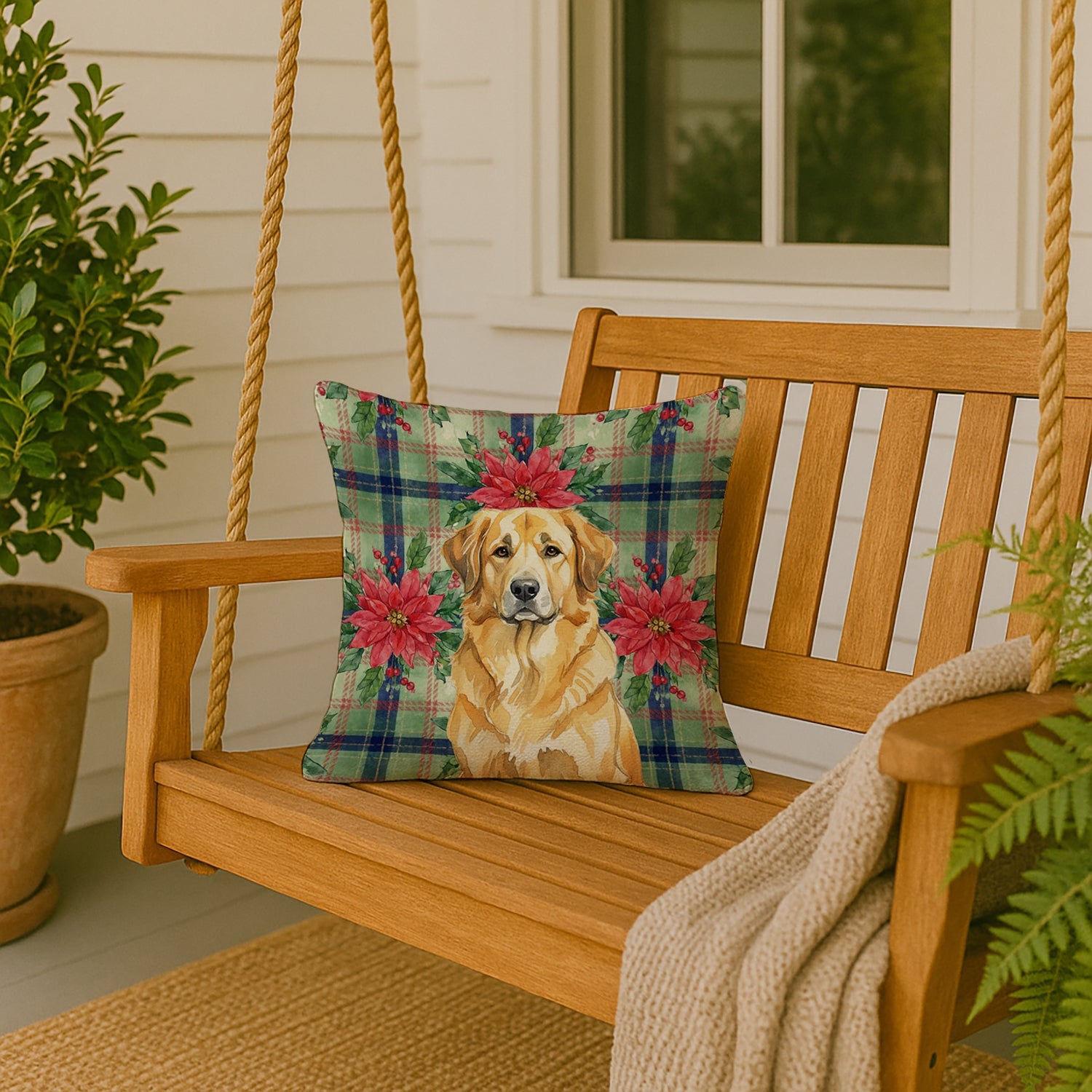 Lion Yellow Leonberger Christmas PoinsettIas Decorative Throw Pillow 18x18 Indoor Outdoor Accent Cushion, Fabric Cover with Insert for Sofa, Bed, Porch & Living Room
