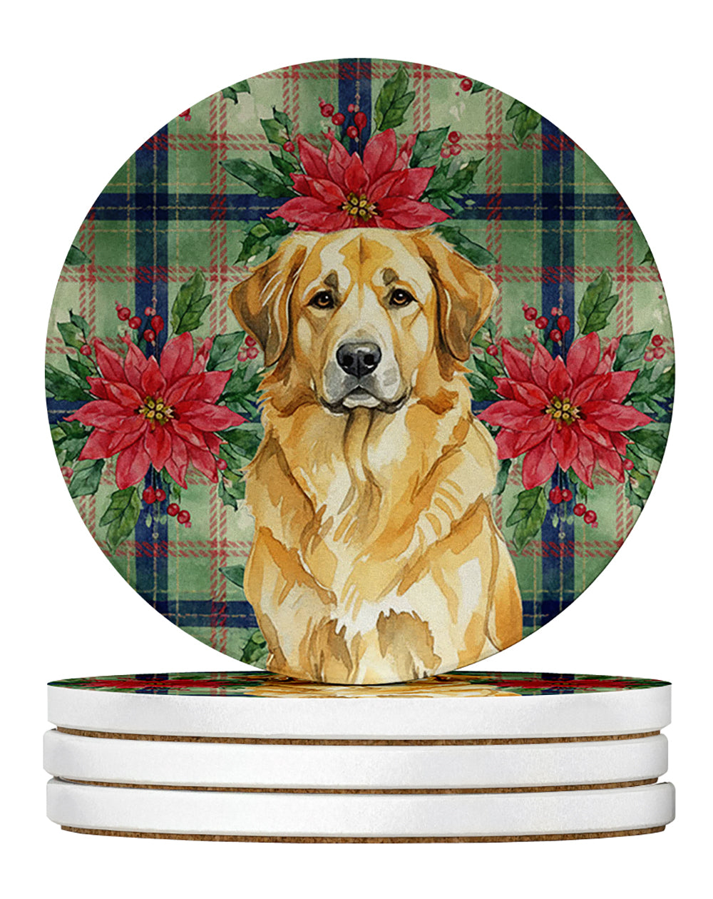 Lion Yellow Leonberger Christmas PoinsettIas Large Sandstone Coasters Pack of 4 Absorbent Round Coasters Decor Gifts for Men or Women, 4 in, Multicolor