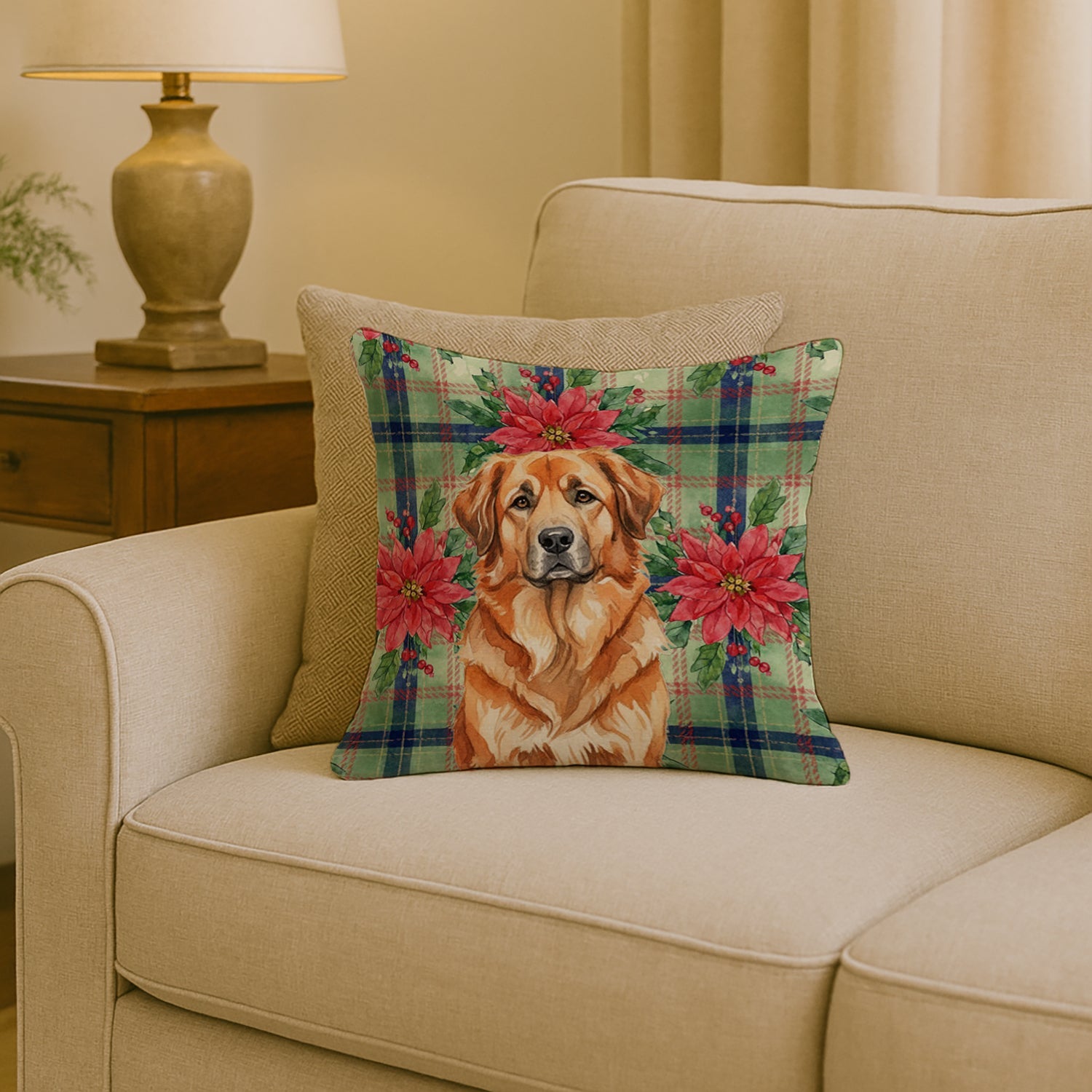 Red Leonberger Christmas PoinsettIas Decorative Throw Pillow 18x18 Indoor Outdoor Accent Cushion, Fabric Cover with Insert for Sofa, Bed, Porch & Living Room