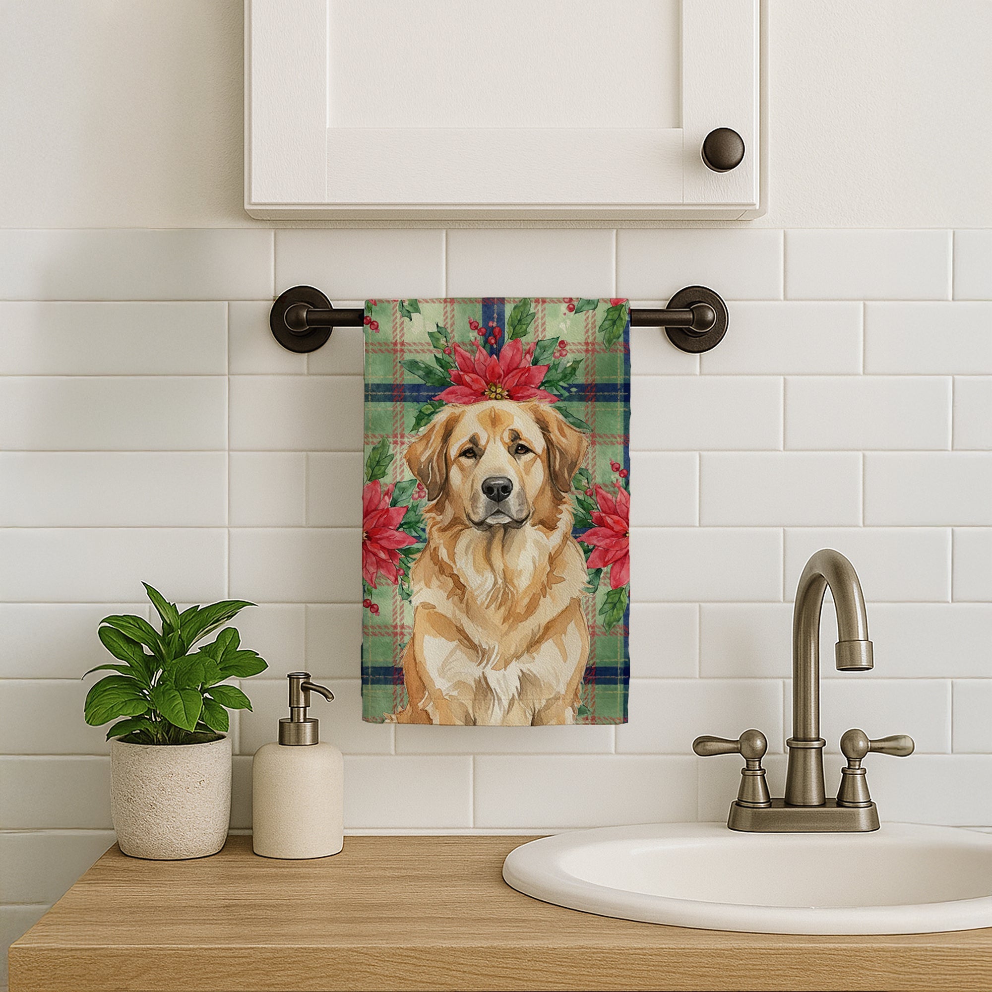 Sandy Leonberger Christmas PoinsettIas Kitchen Towel Velour Plush Front and Cotton Loop Back Machine Washable