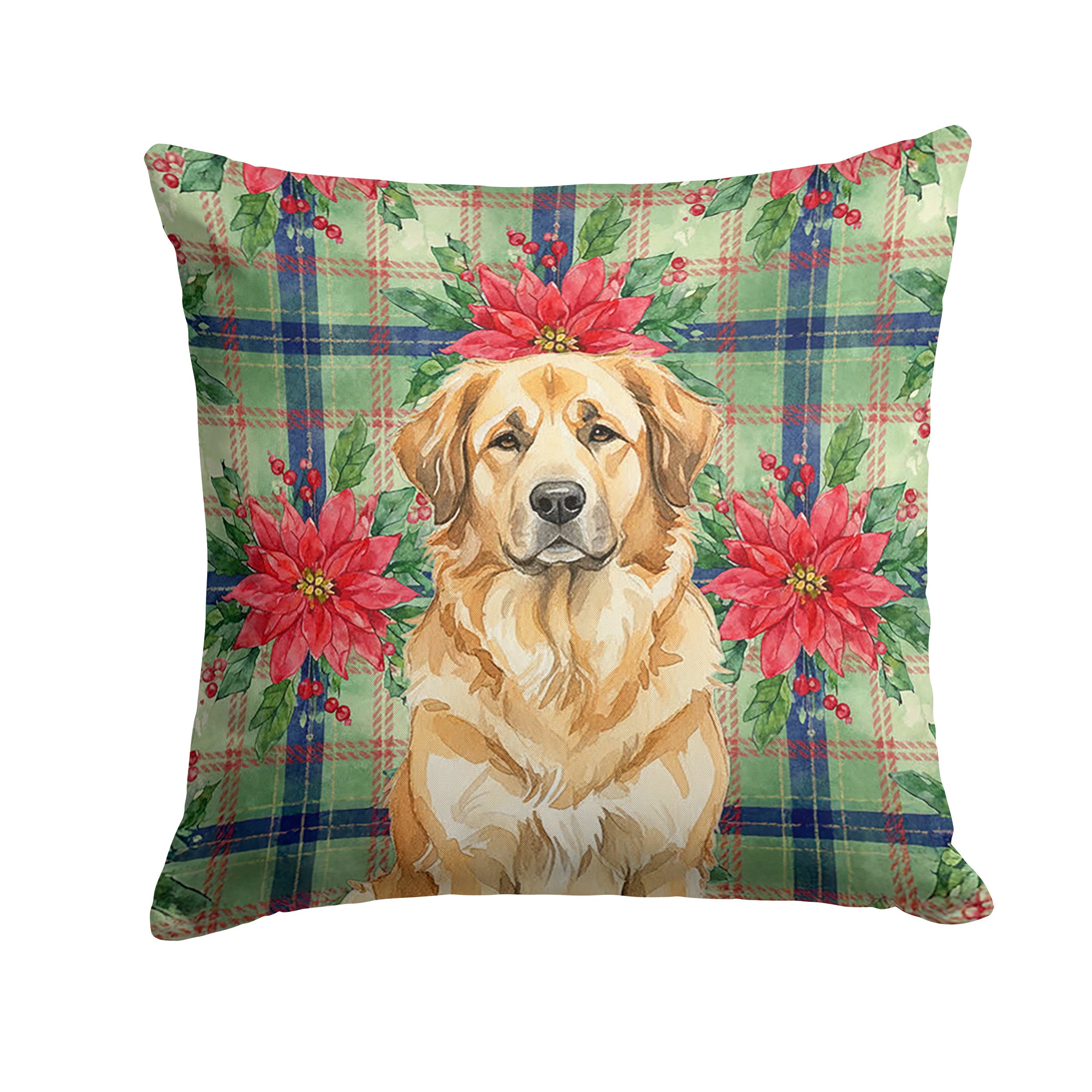 Sandy Leonberger Christmas PoinsettIas Decorative Throw Pillow 14x14 Indoor Outdoor Accent Cushion, Fabric Cover with Insert for Sofa, Bed, Porch & Living Room