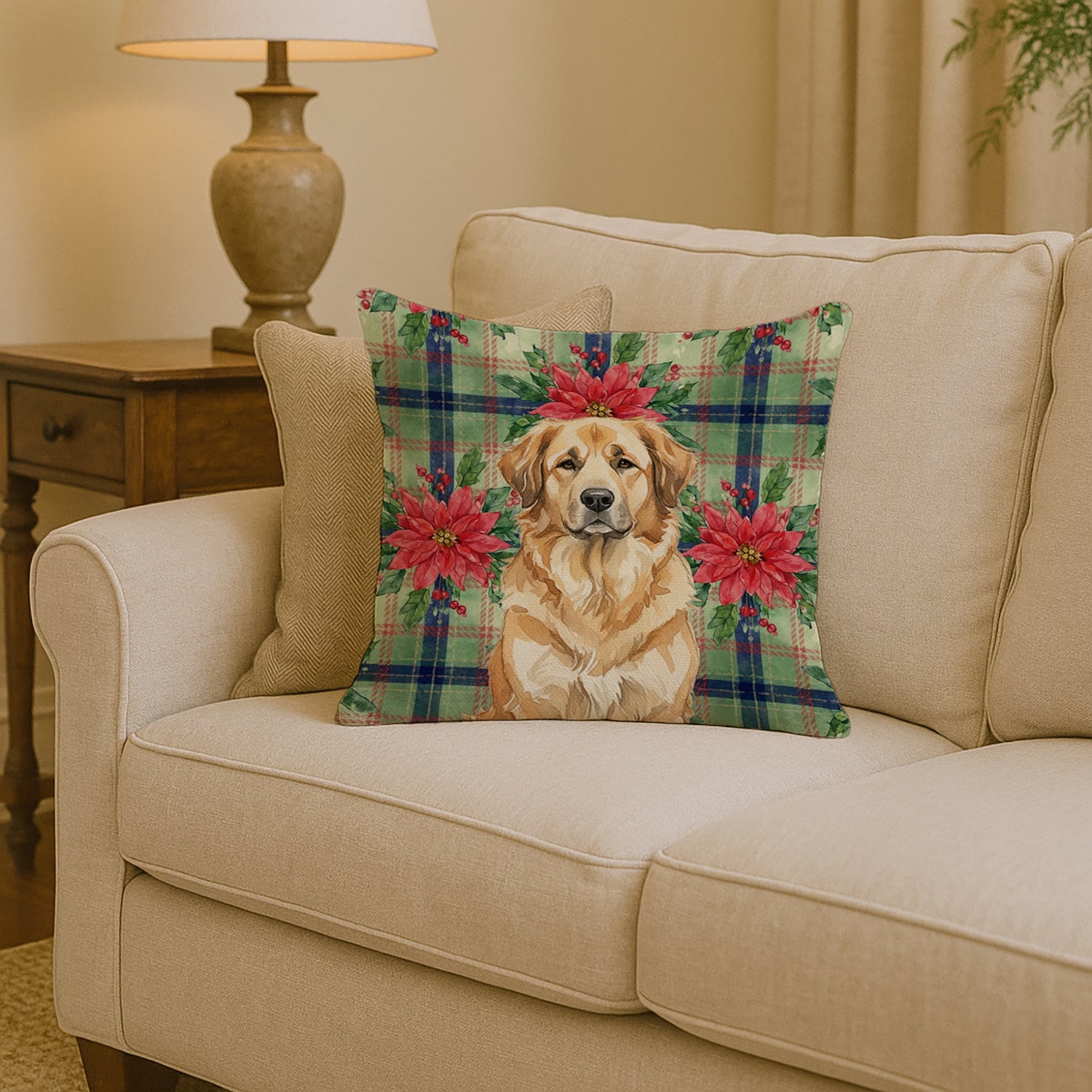 Sandy Leonberger Christmas PoinsettIas Decorative Throw Pillow 14x14 Indoor Outdoor Accent Cushion, Fabric Cover with Insert for Sofa, Bed, Porch & Living Room