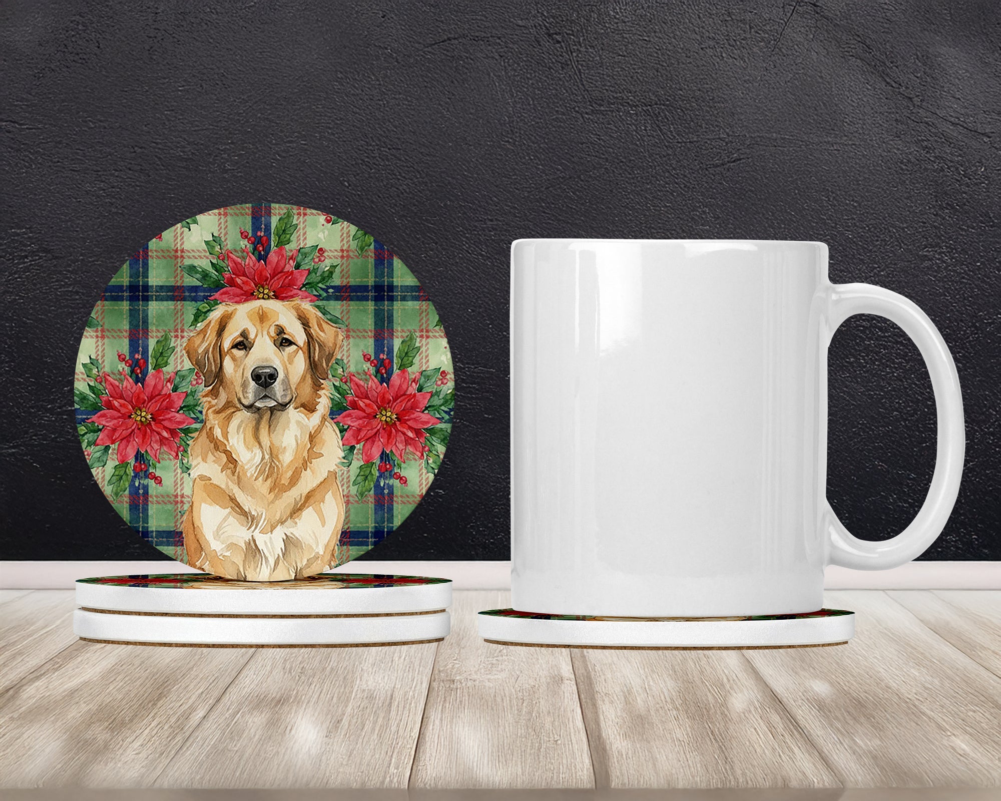 Sandy Leonberger Christmas PoinsettIas Large Sandstone Coasters Pack of 4 Absorbent Round Coasters Decor Gifts for Men or Women, 4 in, Multicolor
