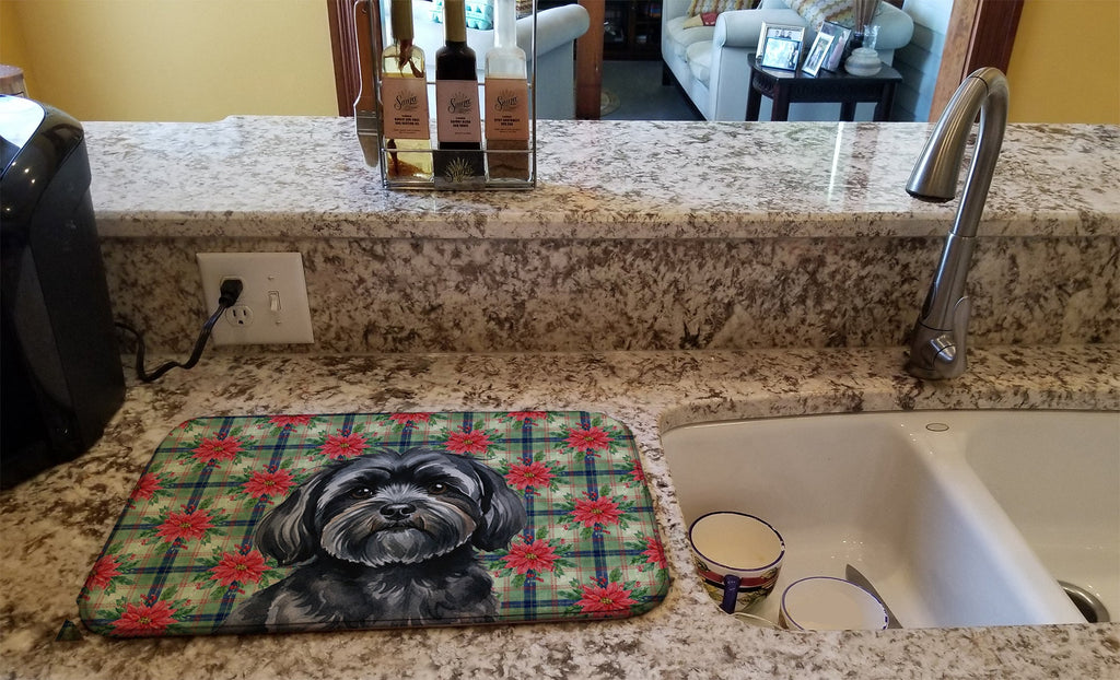 Black Lhasa Apso Christmas PoinsettIas Dish Drying Mat Absorbent Dish Drying Mat Pad for Kitchen Counter Dish Drainer Mat for Countertop, 14 x 21", Multicolor