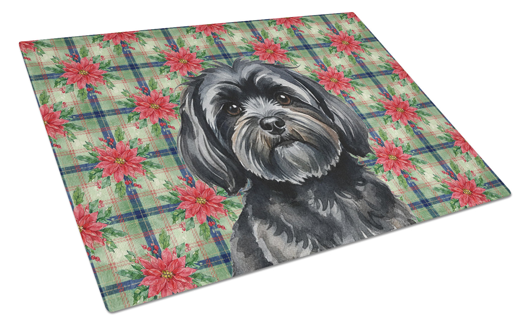 Black Lhasa Apso Christmas PoinsettIas Cutting Board Tempered Glass Kitchen Cutting Surface, Heat Resistant Chopping, Non-Slip Feet, Food Prep & Serving