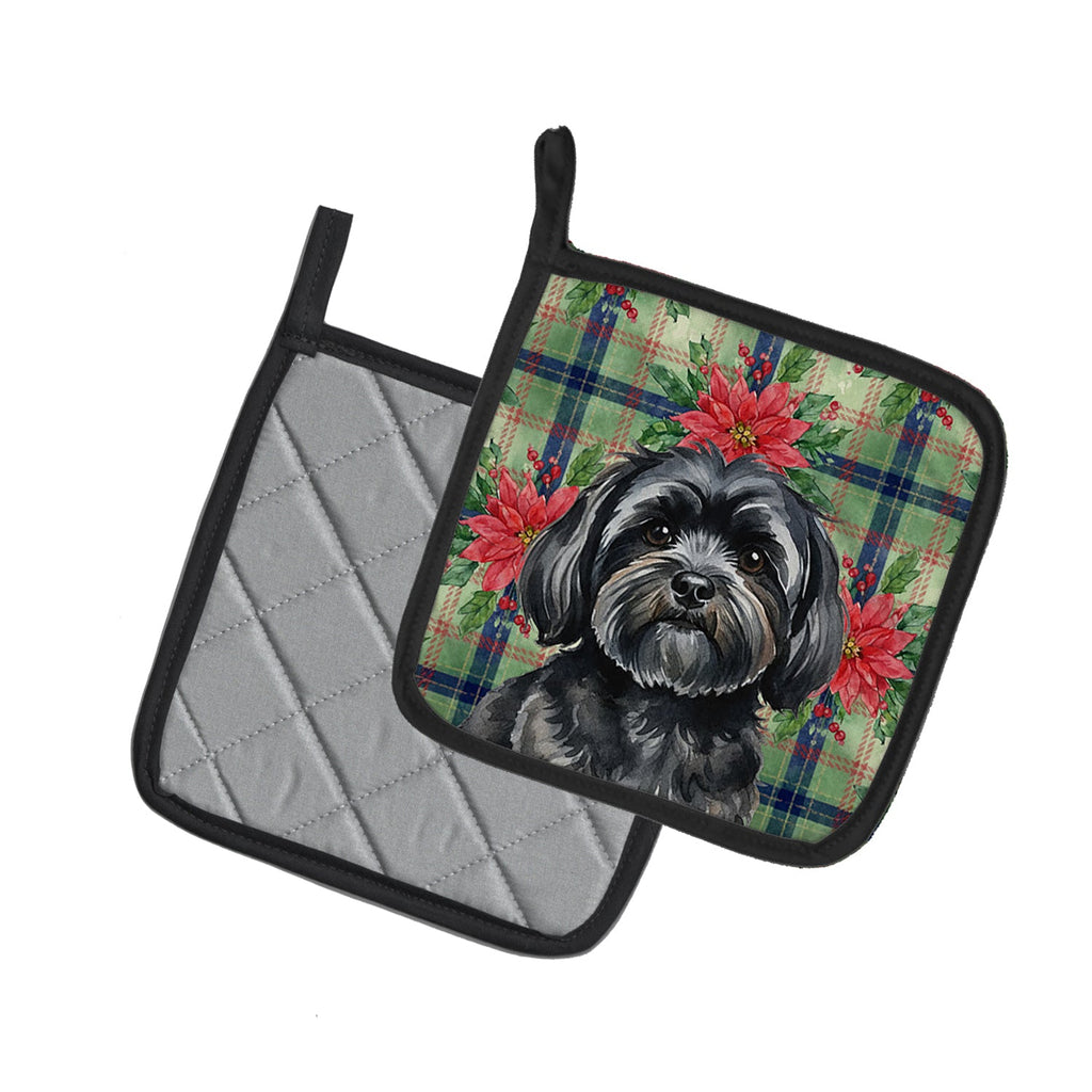 Black Lhasa Apso Christmas PoinsettIas Pot Holder Set of 2 Heat Resistant Quilted Hot Pads 7.5 x 7.5 Inch, Insulated Kitchen Trivets for Cooking & Baking