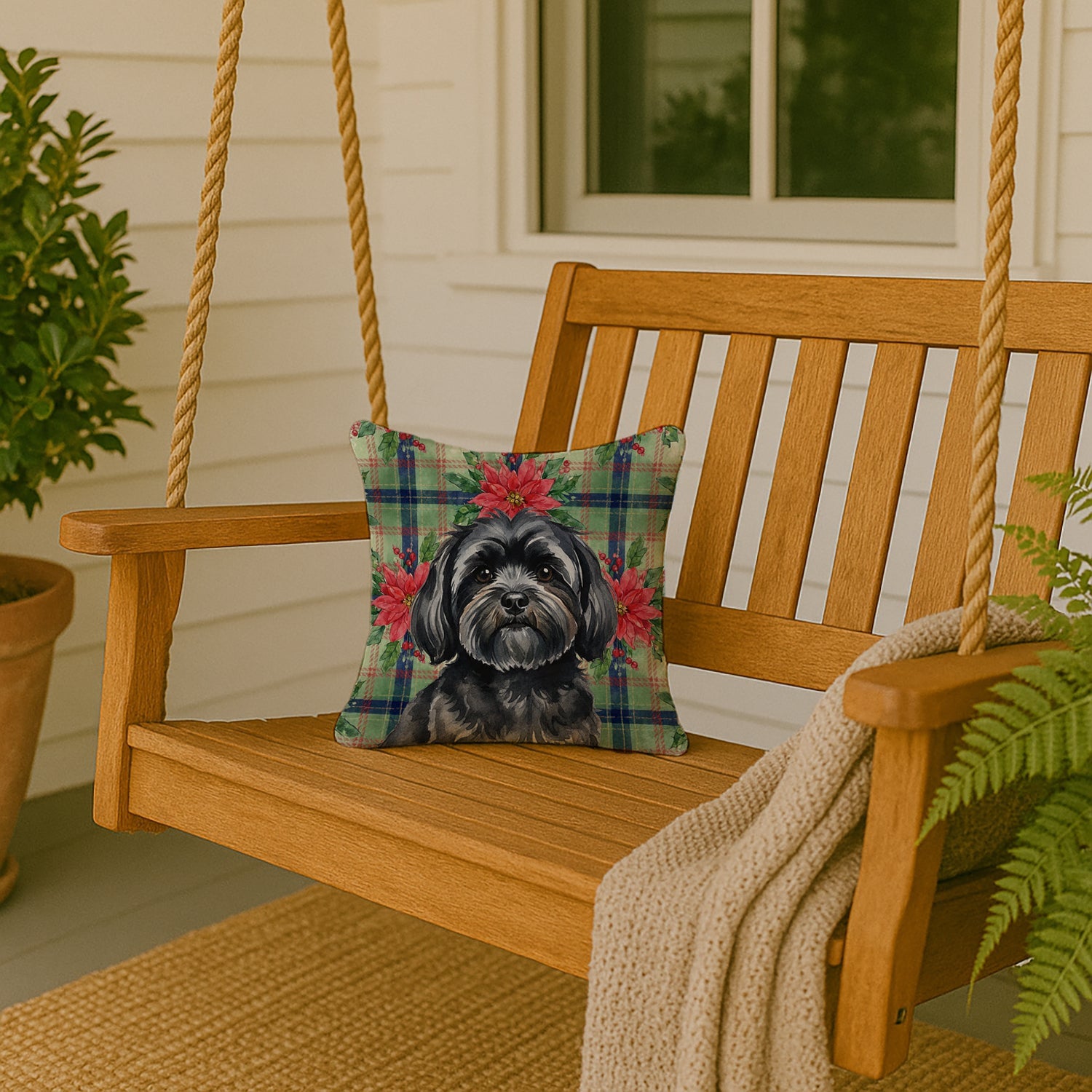 Black Lhasa Apso Christmas PoinsettIas Decorative Throw Pillow 14x14 Indoor Outdoor Accent Cushion, Fabric Cover with Insert for Sofa, Bed, Porch & Living Room