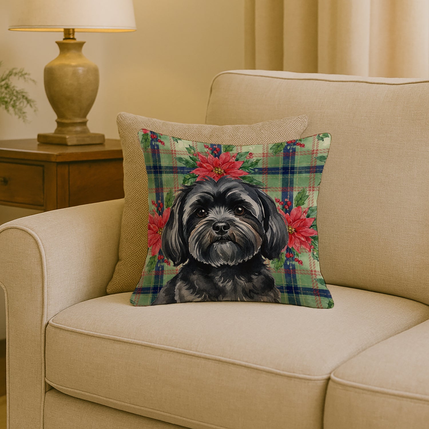 Black Lhasa Apso Christmas PoinsettIas Decorative Throw Pillow 18x18 Indoor Outdoor Accent Cushion, Fabric Cover with Insert for Sofa, Bed, Porch & Living Room