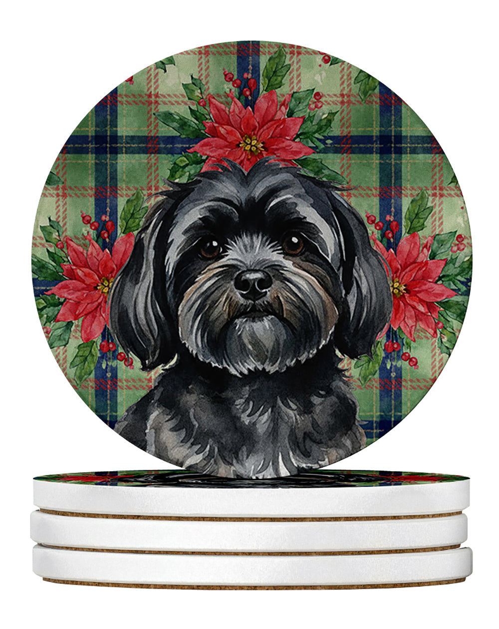 Black Lhasa Apso Christmas PoinsettIas Large Sandstone Coasters Pack of 4 Absorbent Round Coasters Decor Gifts for Men or Women, 4 in, Multicolor