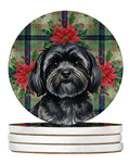 Black Lhasa Apso Christmas PoinsettIas Large Sandstone Coasters Pack of 4 Absorbent Round Coasters Decor Gifts for Men or Women, 4 in, Multicolor
