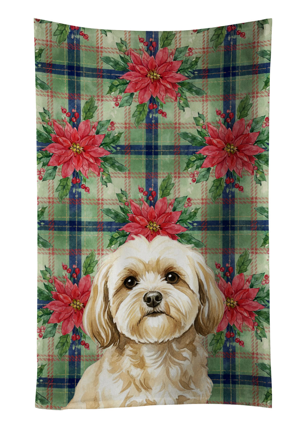 Cream Lhasa Apso Christmas PoinsettIas Kitchen Towel Velour Plush Front and Cotton Loop Back Machine Washable