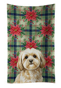 Cream Lhasa Apso Christmas PoinsettIas Kitchen Towel Velour Plush Front and Cotton Loop Back Machine Washable