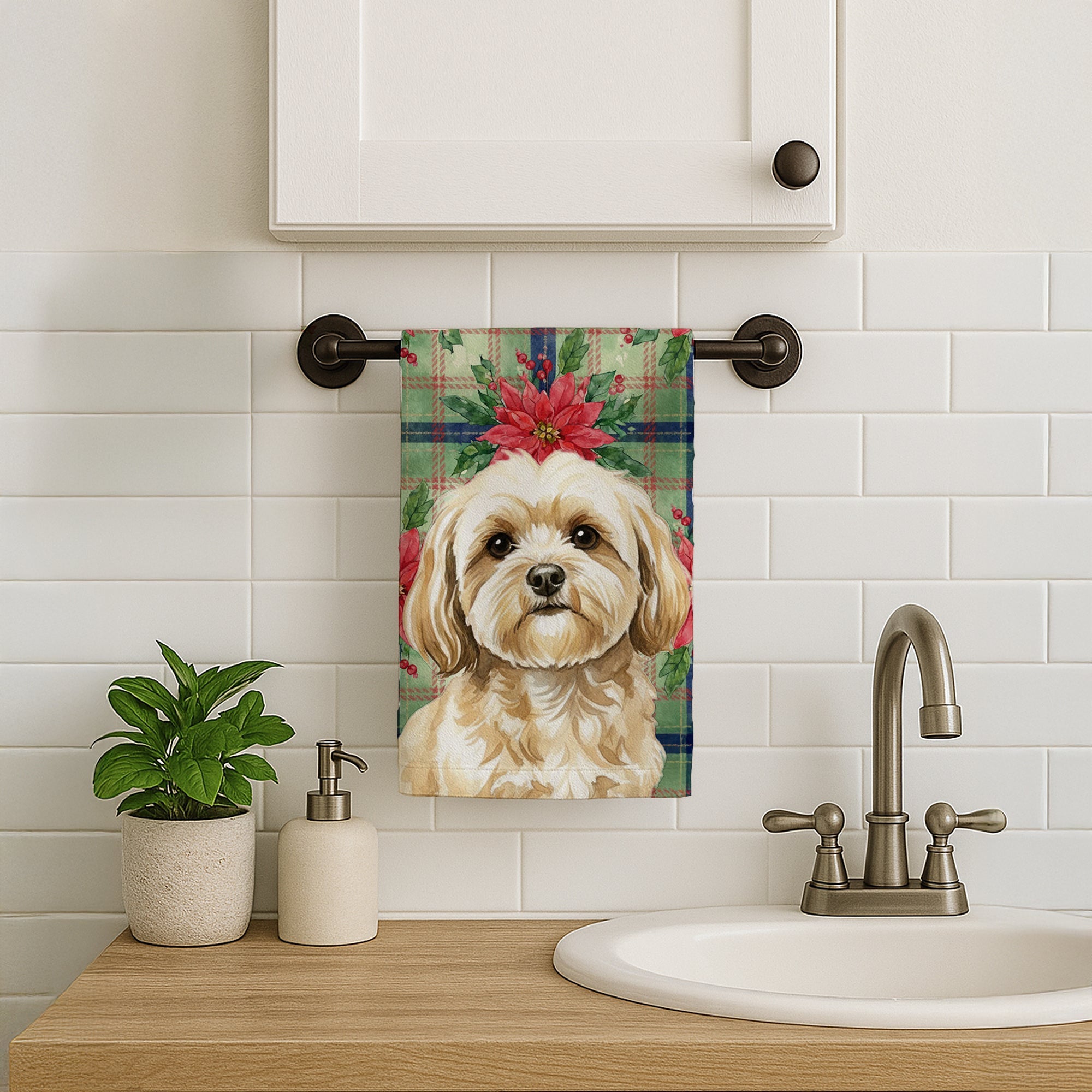 Cream Lhasa Apso Christmas PoinsettIas Kitchen Towel Velour Plush Front and Cotton Loop Back Machine Washable