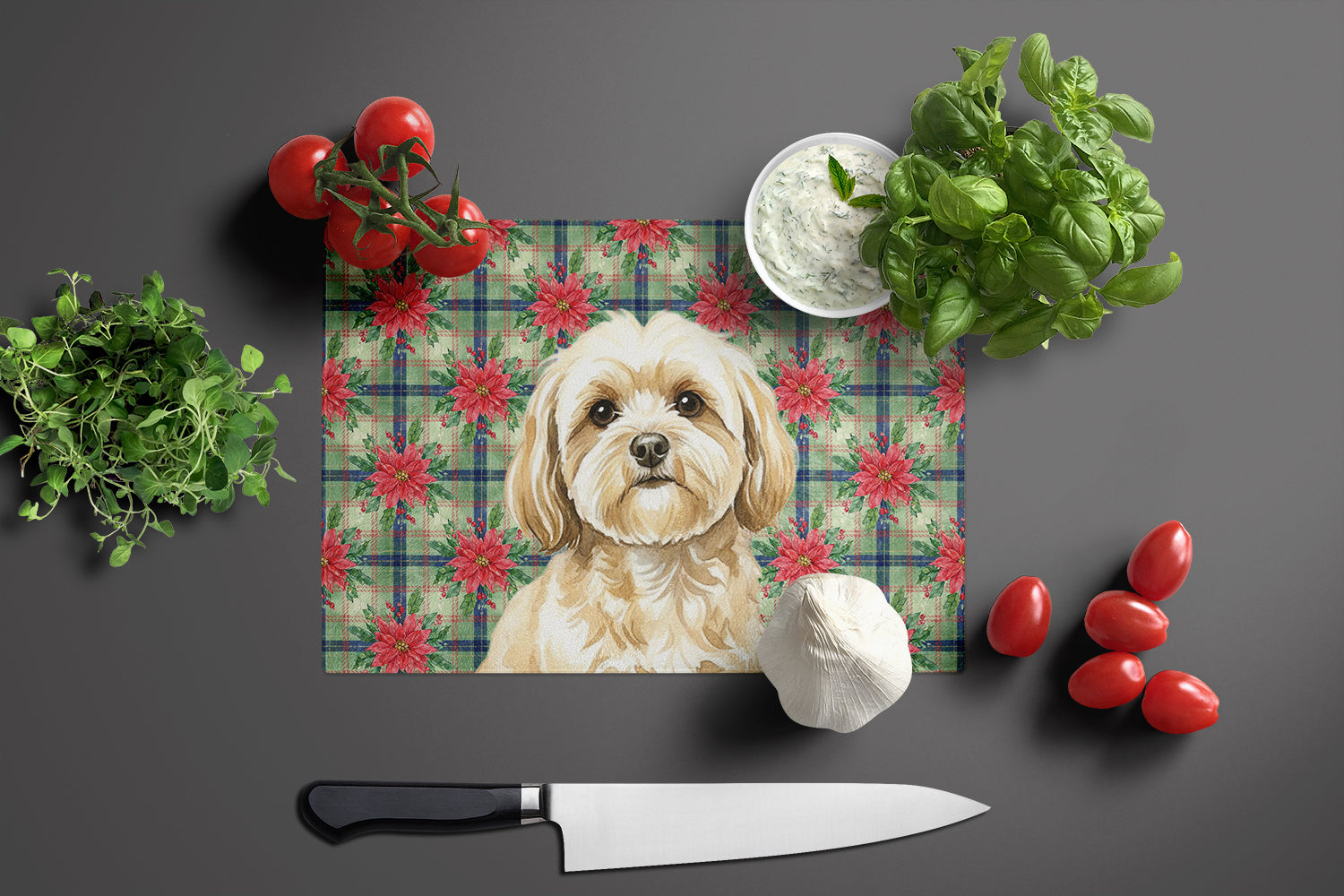Cream Lhasa Apso Christmas PoinsettIas Cutting Board Tempered Glass Kitchen Cutting Surface, Heat Resistant Chopping, Non-Slip Feet, Food Prep & Serving