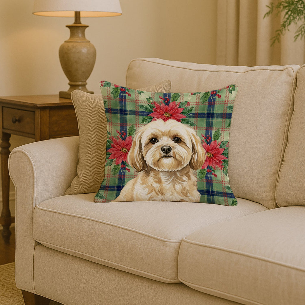 Cream Lhasa Apso Christmas PoinsettIas Decorative Throw Pillow 14x14 Indoor Outdoor Accent Cushion, Fabric Cover with Insert for Sofa, Bed, Porch & Living Room