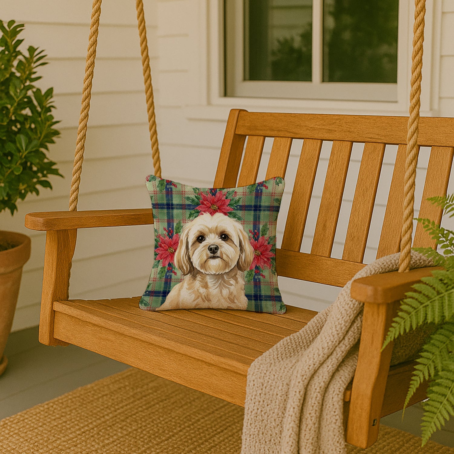 Cream Lhasa Apso Christmas PoinsettIas Decorative Throw Pillow 14x14 Indoor Outdoor Accent Cushion, Fabric Cover with Insert for Sofa, Bed, Porch & Living Room